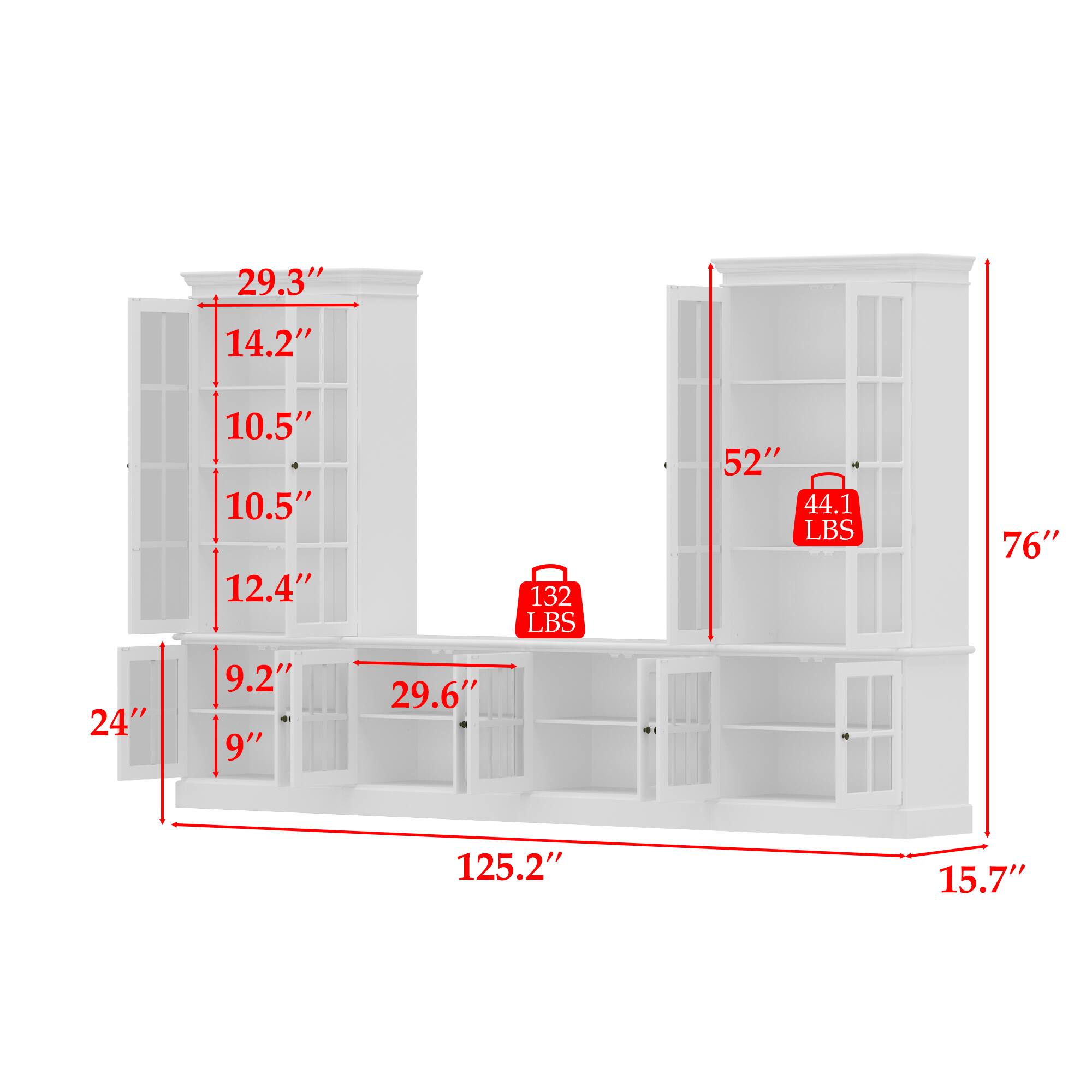 29.3", 14.2", 10.5", 10.5", 12.4", 132 LBS, 52", 44.1 LBS, 76", 24", 9.2", 9", 29.6", 125.2", 15.7"