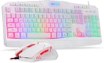The image features a white keyboard and mouse from the brand REDRAGON. The keyboard has a colorful design, with a mix of white and rainbow colors. The mouse is also white and is placed next to the keyboard. The keyboard is equipped with a variety of function keys, including F1 to F12, as well as other essential keys such as the arrow keys, number pad, and various other keys. The combination of the colorful keyboard and mouse creates a visually appealing and unique setup.