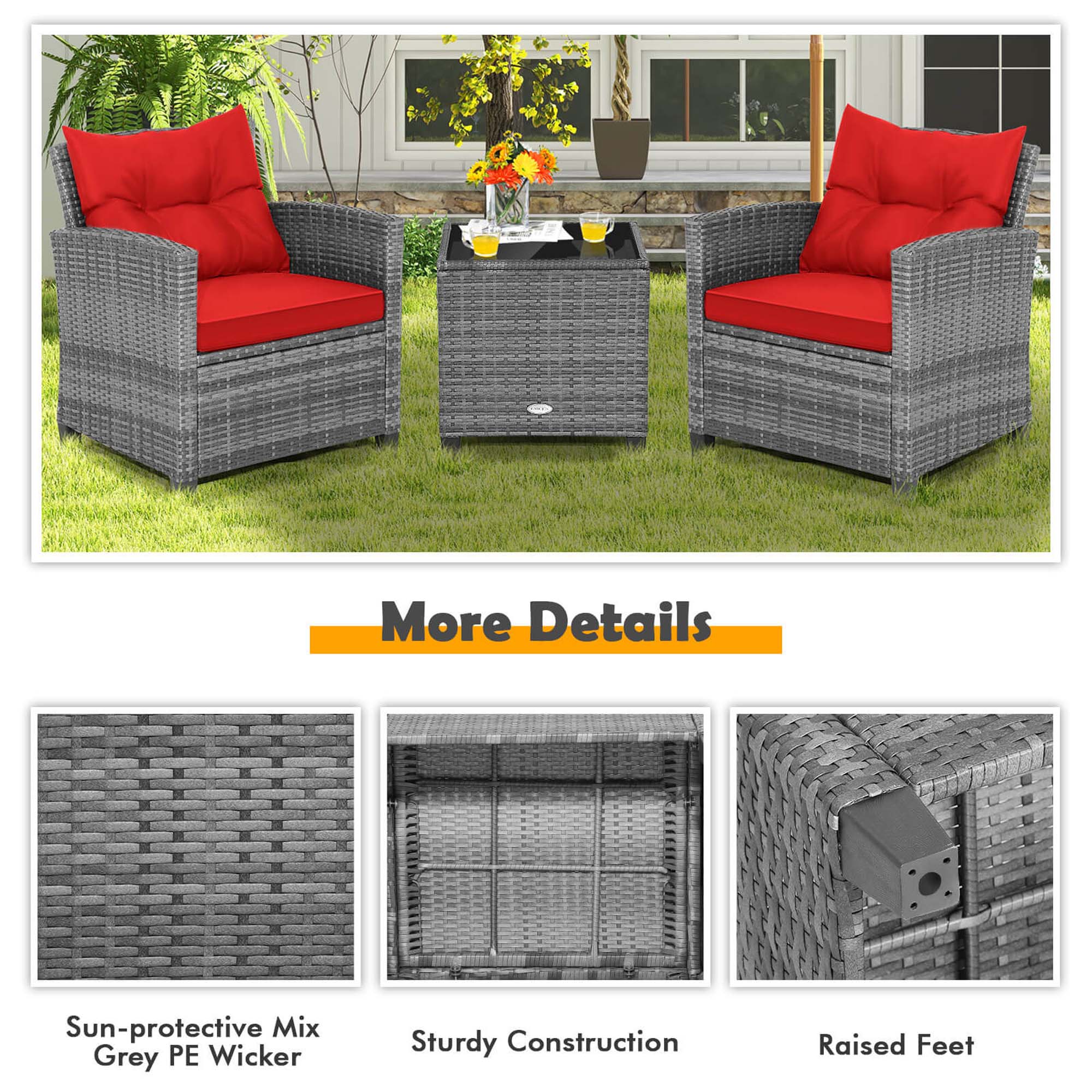 The text on the image reads: "More Details Sun-protective Mix Grey PE Wicker Sturdy Construction Raised Feet."
