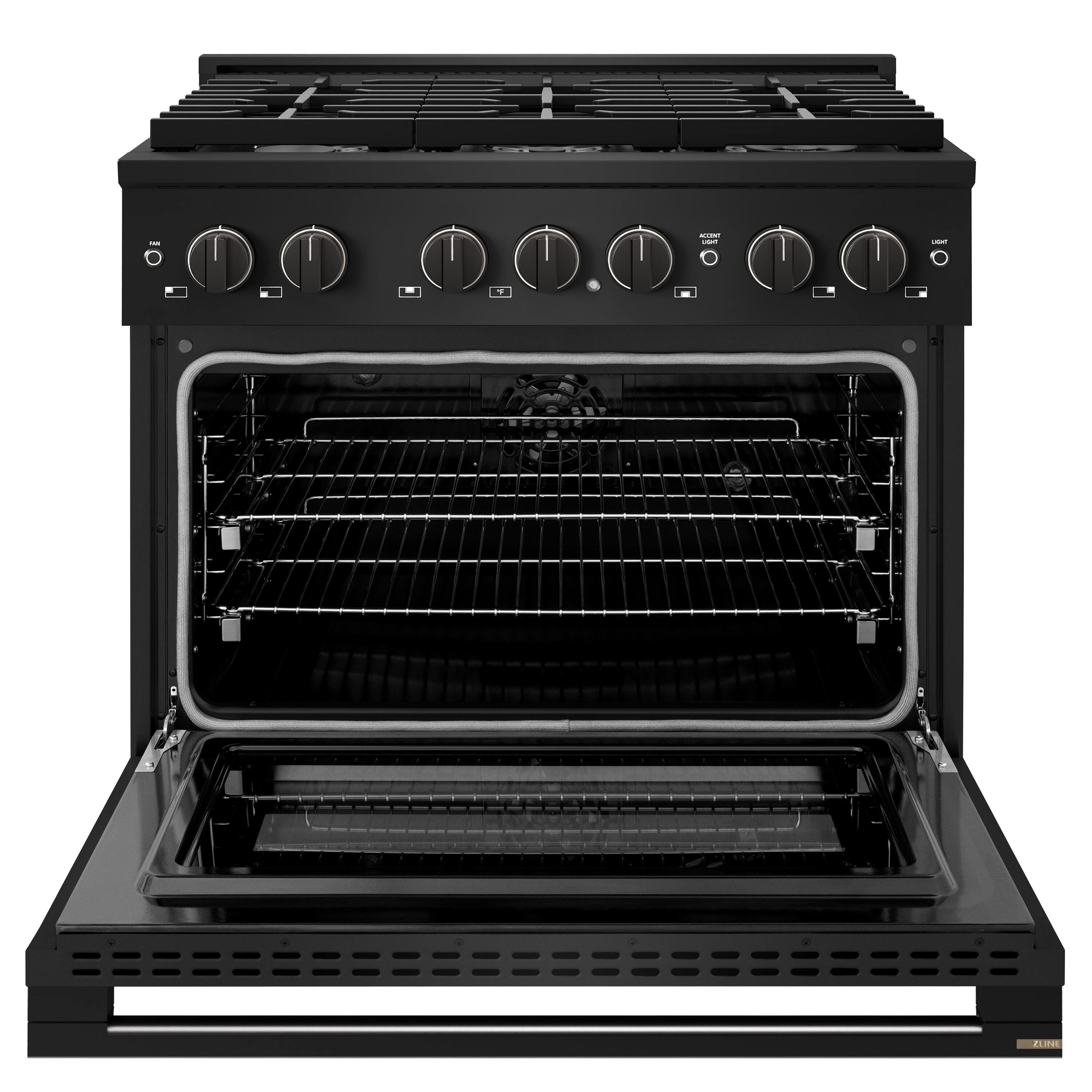 Angle. ZLINE - 36 in. 5.2 cu. ft. Marino Dual Fuel Freestanding Range with Gas Cooktop and 6 Brass Burners in Black Stainless Steel - Black Stainless Steel.