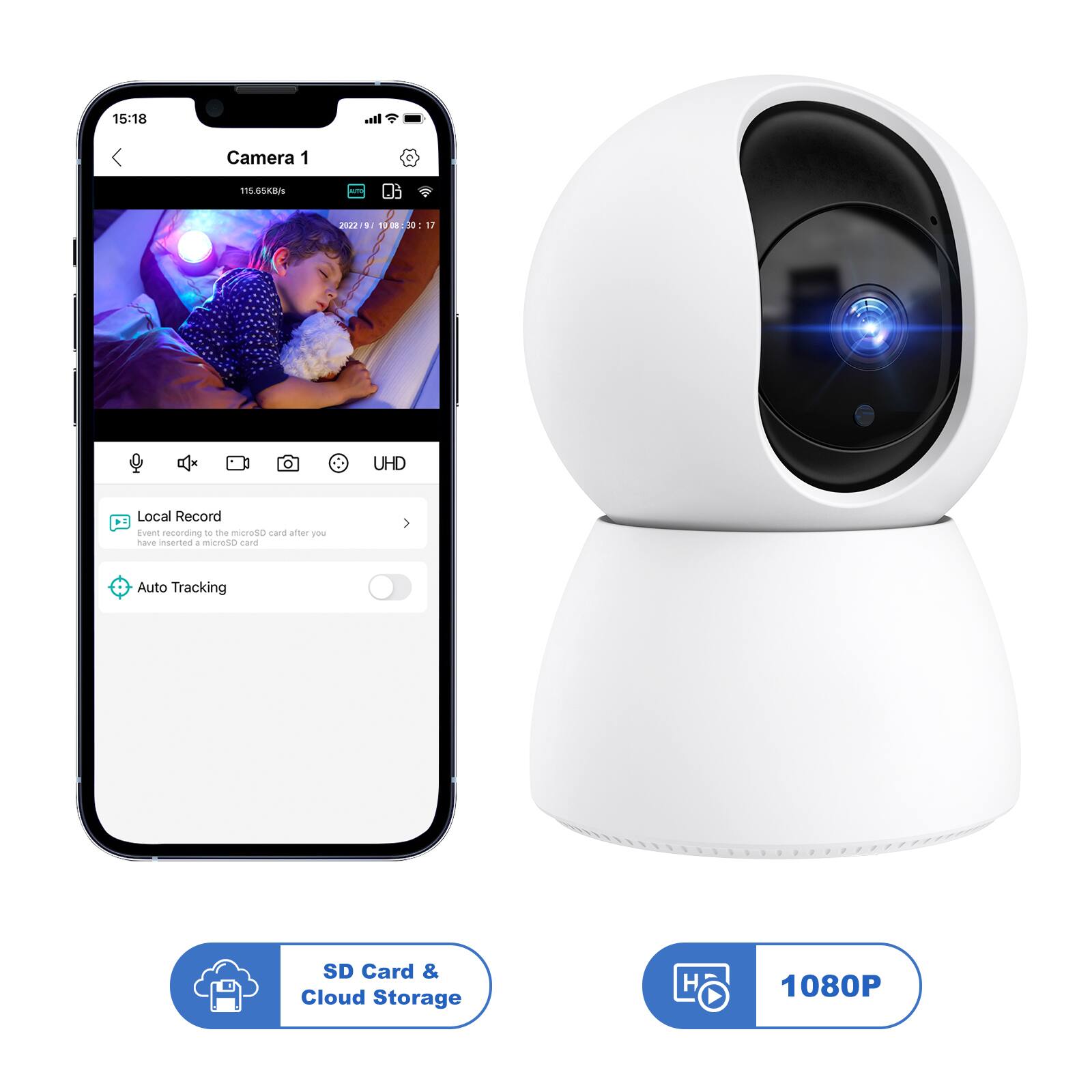 15:18 Camera 1  
11.65KB/s  
2022/01/11 18:50:17  

Local Record  
Event recording to the microSD card after you insert a microSD card  

Auto Tracking  

SD Card & Cloud Storage  

1080P