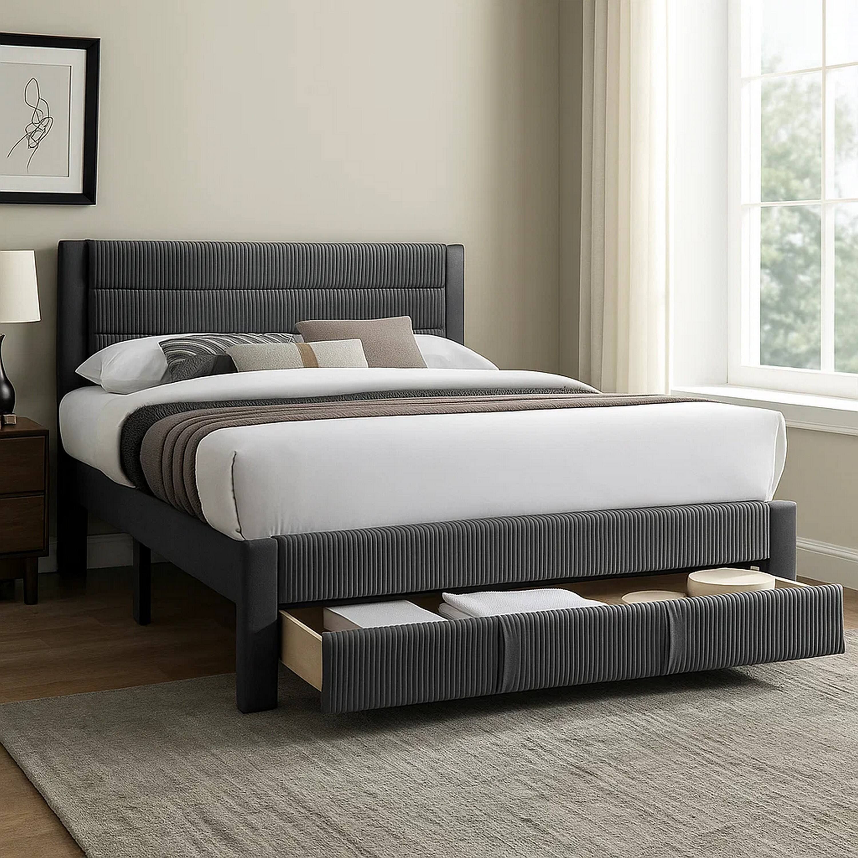 Alt View 3. Manhattan Lane - Daisy Full Bed w Drawer, Charcoal Gray Corduroy Upholstery, Foam - Charcoal Gray.