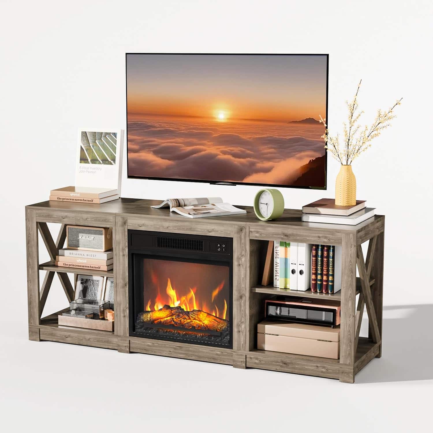 Winado - Fireplace TV Stand for up to 70 inch TVs, Farmhouse Entertainment Center with Electric Fireplace Heater - Gray Oak