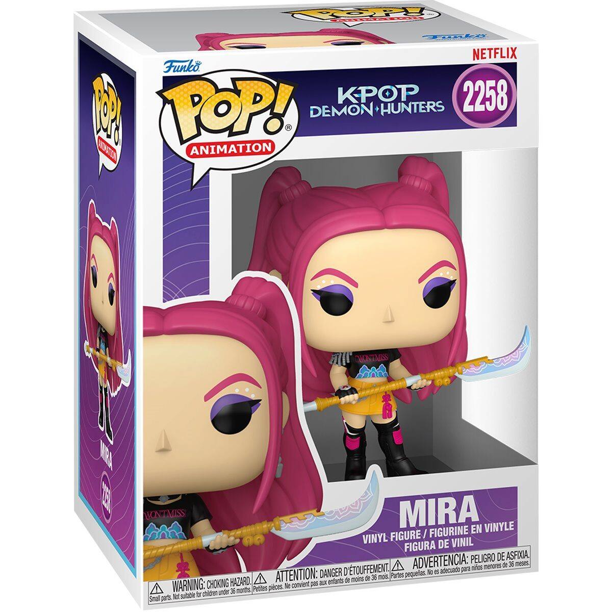 Funko POP! Animation  
KPOP Demon Hunters  
2258  
Mira  
Vinyl Figure / Figurine en Vinyle / Figura de Vinil  

Advertencia: Peligro de Asfixia a menores de 36 meses  
Attention: Danger d'Étouffement!  
Warning: Choking Hazard - Small parts. Not suitable for children under 36 months.