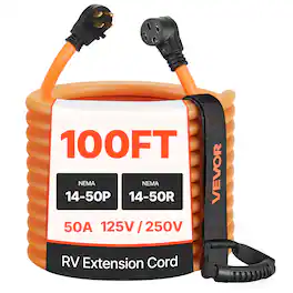 VEVOR - 50 Amp 100 Feet RV Extension Cord, 125V/250V, Heavy Duty 6/3 + 8/1 Gauge STW RV Power Cord, NEMA 14-50P to NEMA 14-50R - Orange;Black