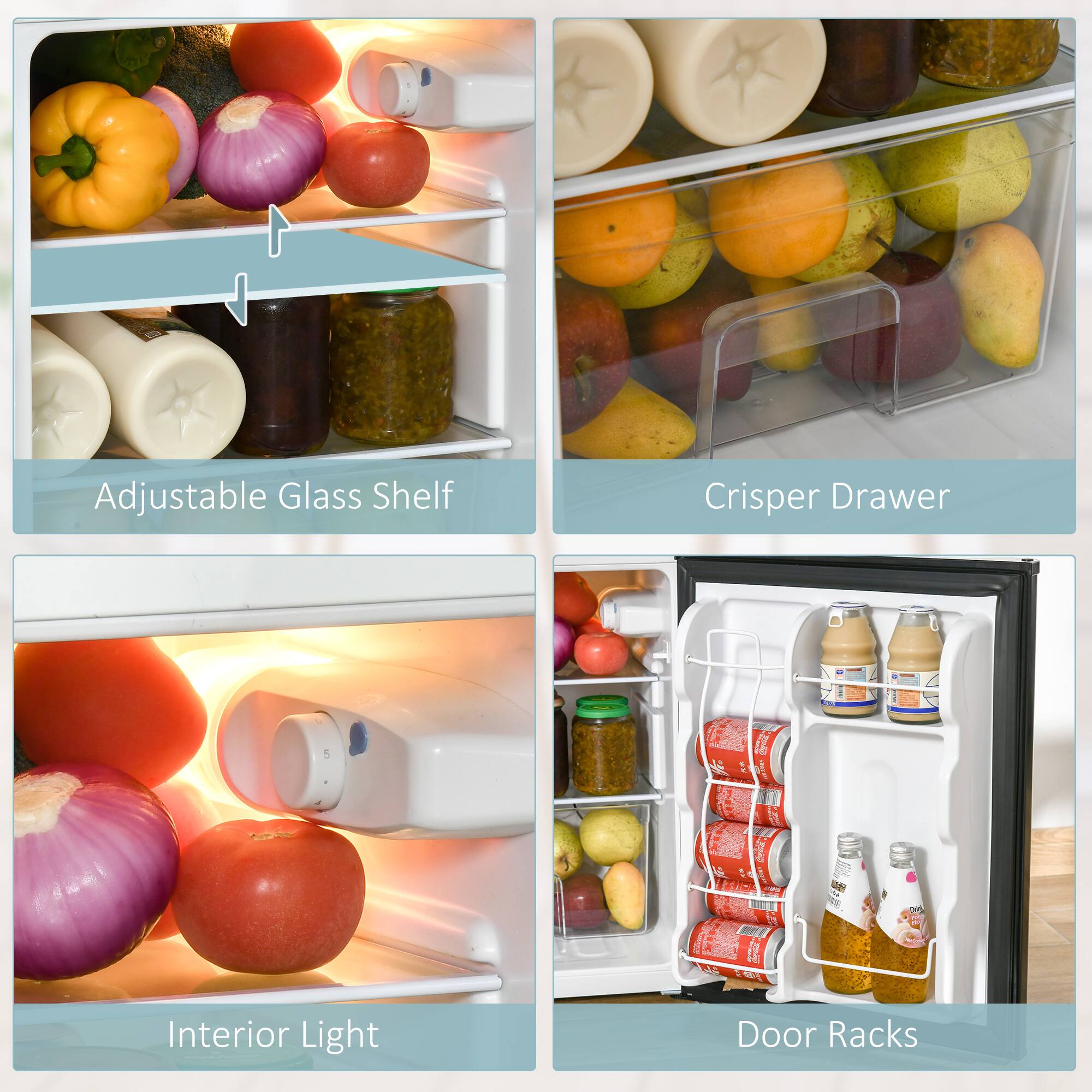 Adjustable Glass Shelf  
Crisper Drawer  
Interior Light  
Door Racks