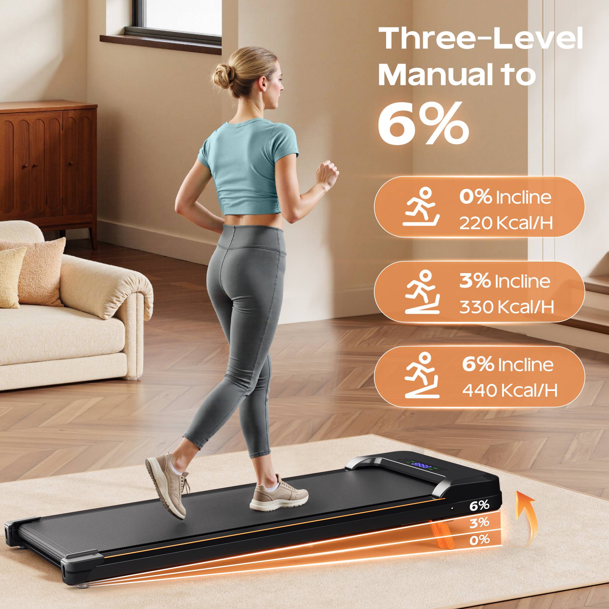 Three-Level Manual to 6%  
0% Incline 220 Kcal/H  
3% Incline 330 Kcal/H  
6% Incline 440 Kcal/H