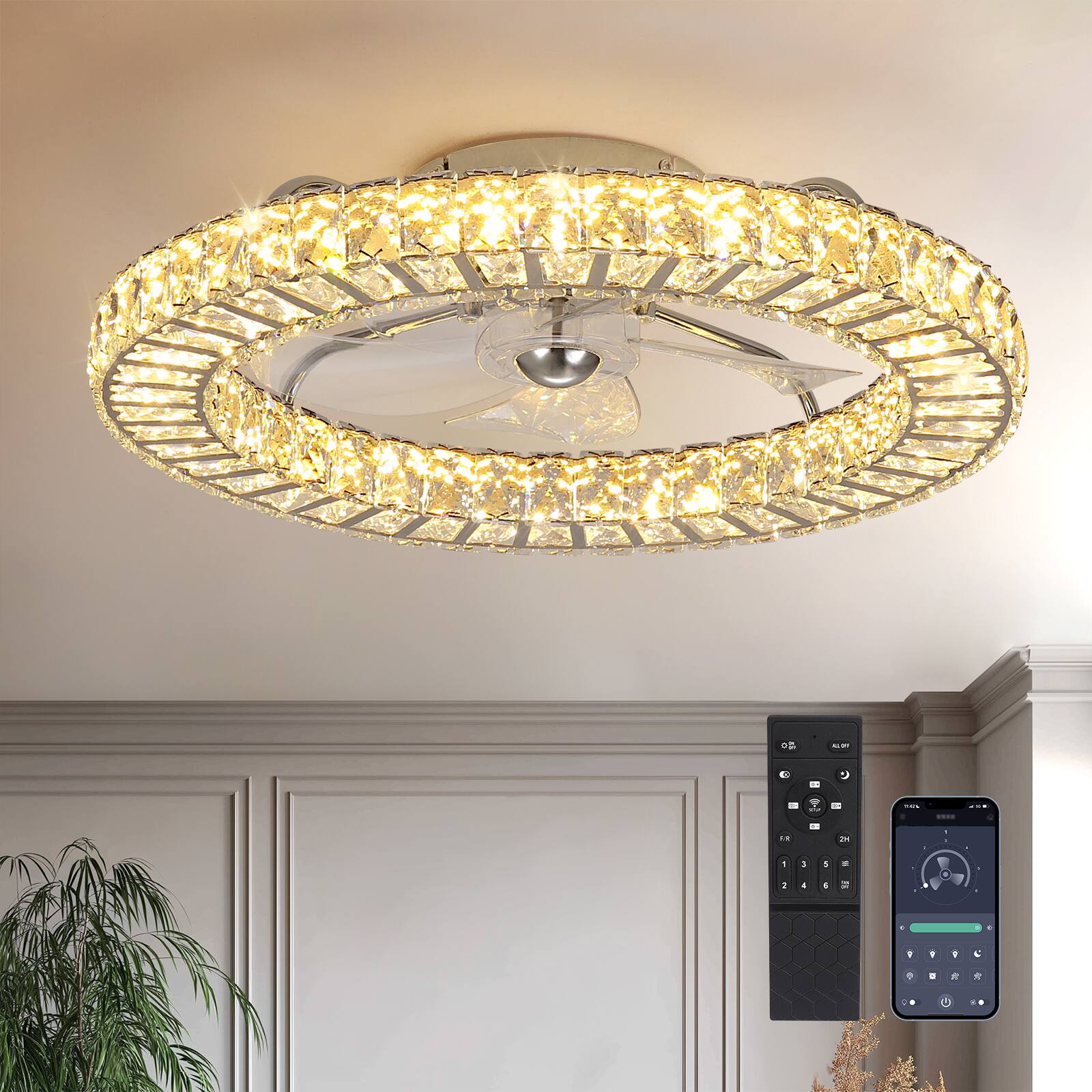Angle. Siljoy - 22 Inch Low Profile Crystal Flush Mount Ceiling Fan with Light, Nickel Finish, Dimmable LED Fan with Remote for Bedroom - Gold.