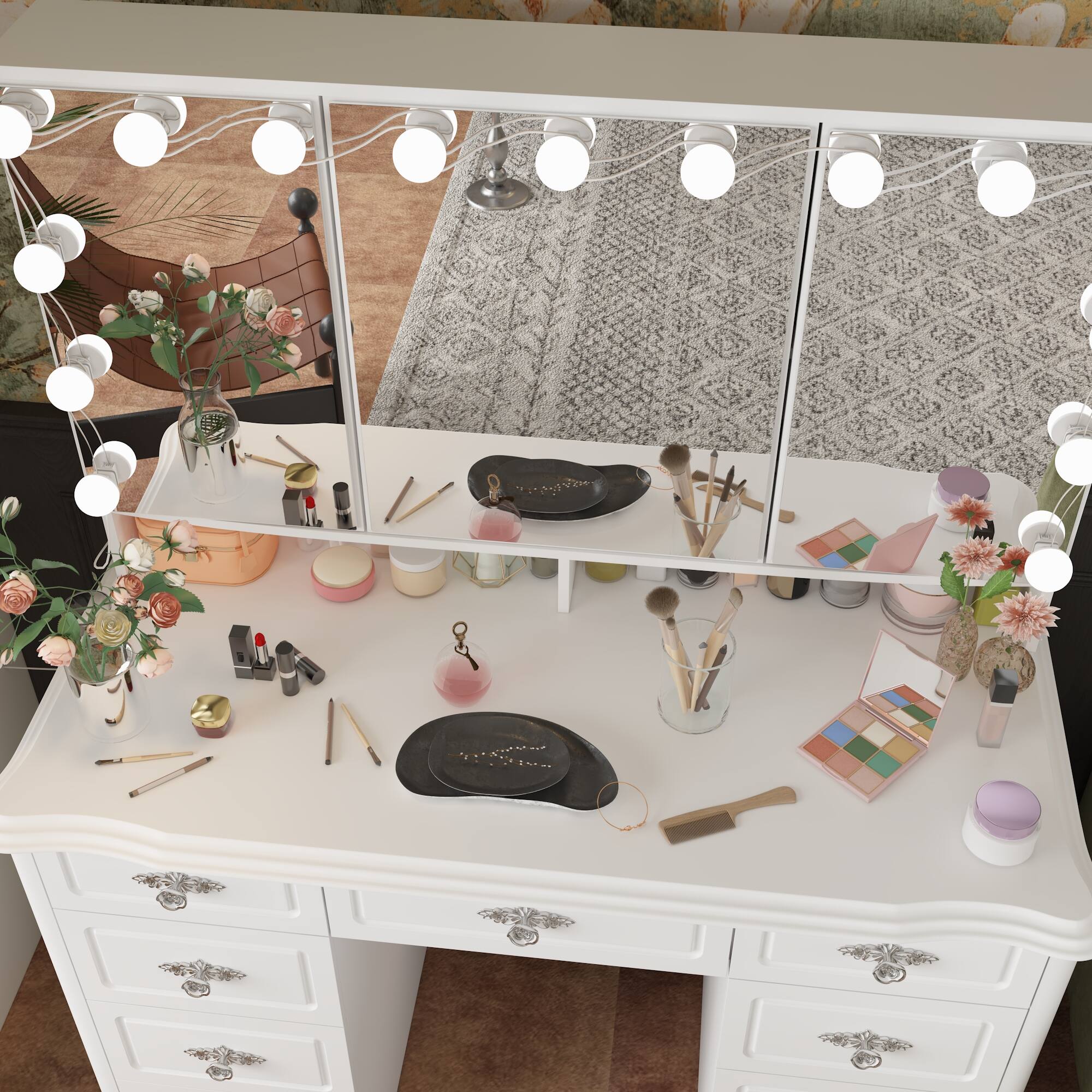 Back. Famapy - Vintage Vanity Table with 3-Sided LED Mirror - Makeup Desk, 9-Drawer Organizer Hidden Storage - White.