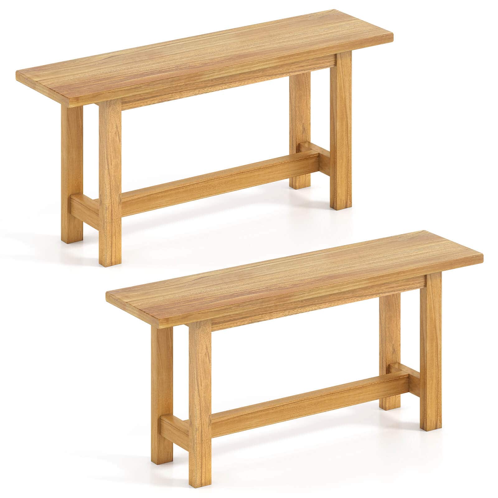 Costway - 2 PCS Outdoor Teak Wood Bench 2-Person Loveseat Seating for Porch Patio Backyard - Natural