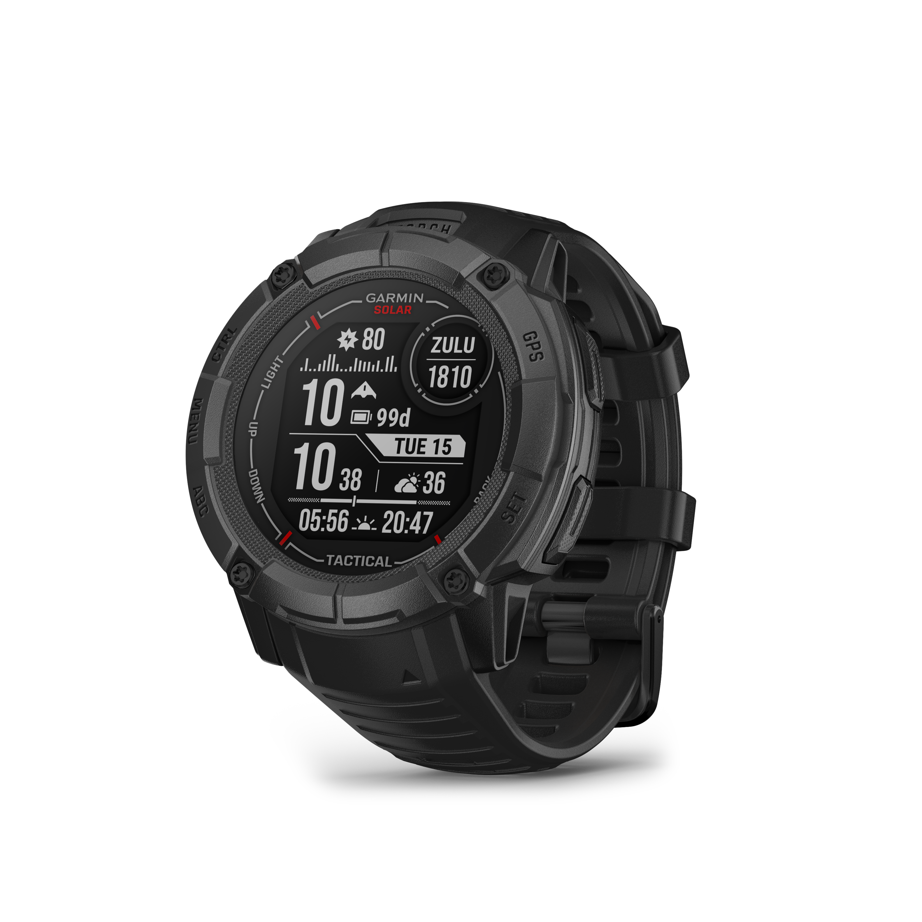GARMIN SOLAR  
ZULU  
1810  
10  
99d  
TUE 15  
DOWN 10 38 | 36  
05:56 20:47  
GPS  
TACTICAL