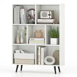 Costway - 7 Cube Bookcase 3-Tier Modern Storage Organizer with 4 Metal Legs Bookshelves - White,Black