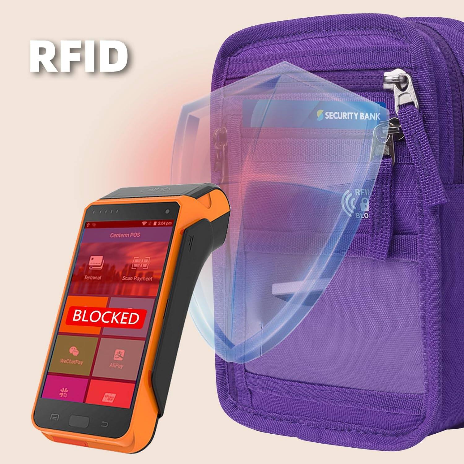 RFID SECURITY BANK

RFID BLOCK

5:04 pm

Centerm POS

Terminal Scan Payment

BLOCKED

WeChatPay

Alipay