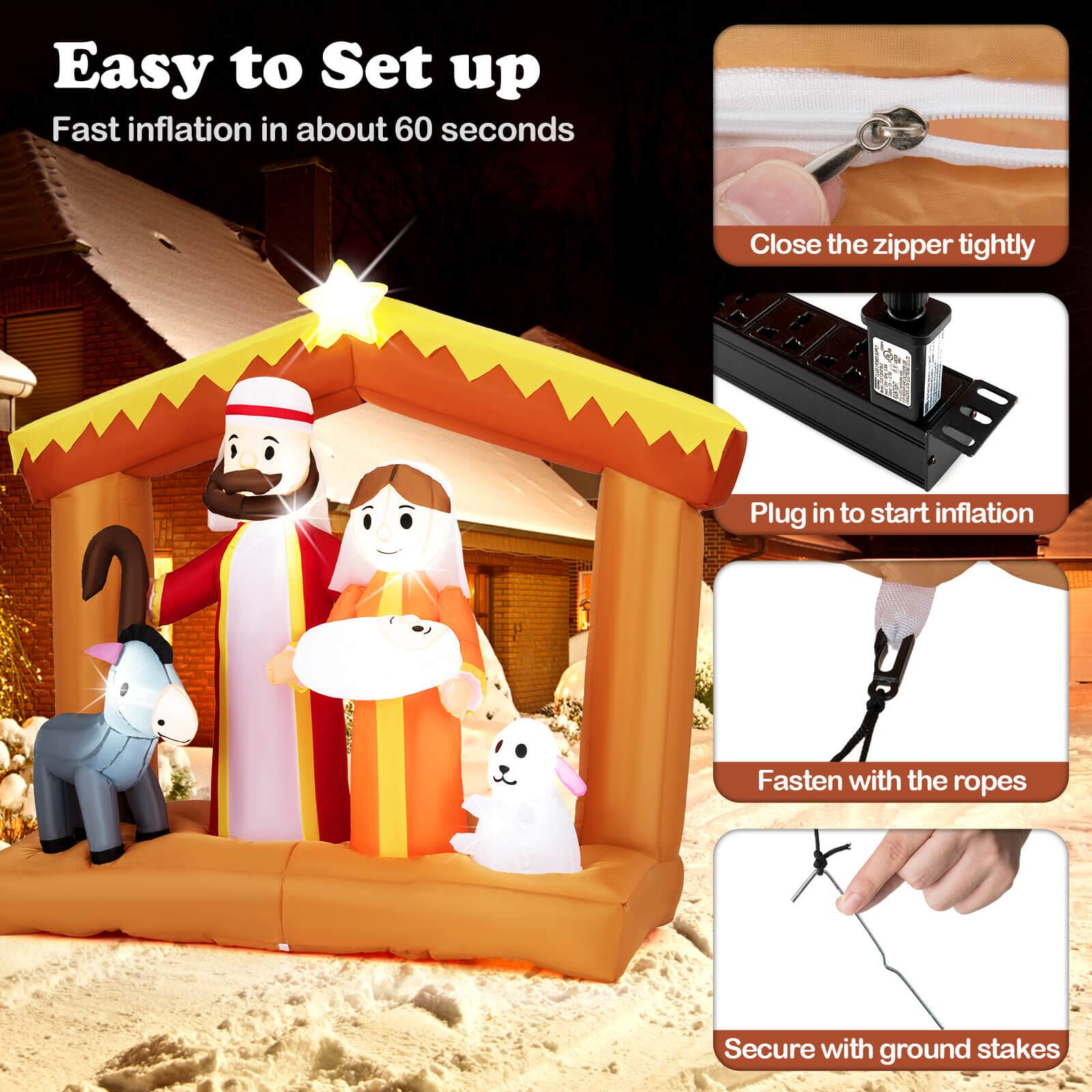 Easy to Set up  
Fast inflation in about 60 seconds  

Close the zipper tightly  
Plug in to start inflation  
Fasten with the ropes  
Secure with ground stakes