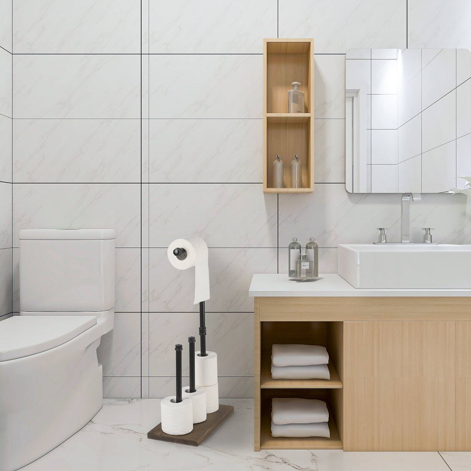 Alt View 1. Oumilen - Industrial Pipe Freestanding Toilet Paper Holder – Black Metal Stand with Burnt Wood Base.