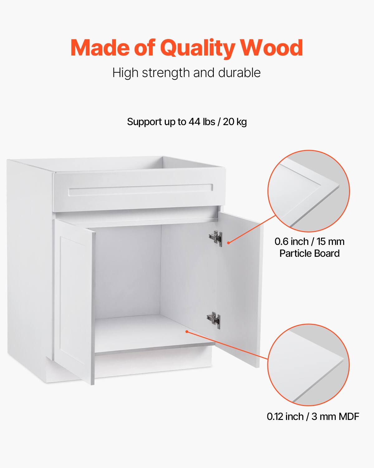 Made of Quality Wood  
High strength and durable  

Support up to 44 lbs / 20 kg  

0.6 inch / 15 mm Particle Board  

0.12 inch / 3 mm MDF