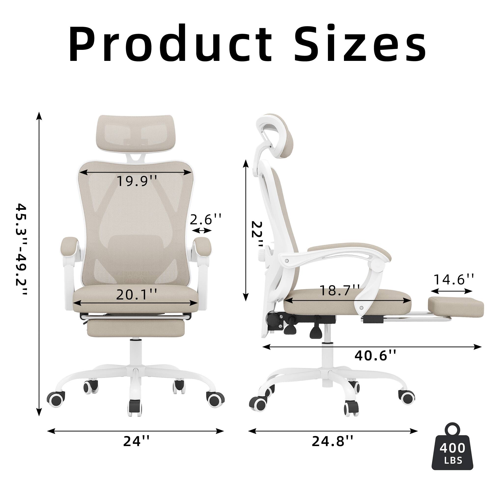 Product Sizes

- Height: 45.3" - 49.2"
- Width: 19.9"
- Depth: 20.1"
- Backrest Height: 2.6"
- Armrest Height: 22"
- Seat Width: 18.7"
- Seat Depth: 14.6"
- Base Width: 40.6"
- Base Diameter: 24"
- Overall Width: 24.8"
- Weight Capacity: 400 LBS