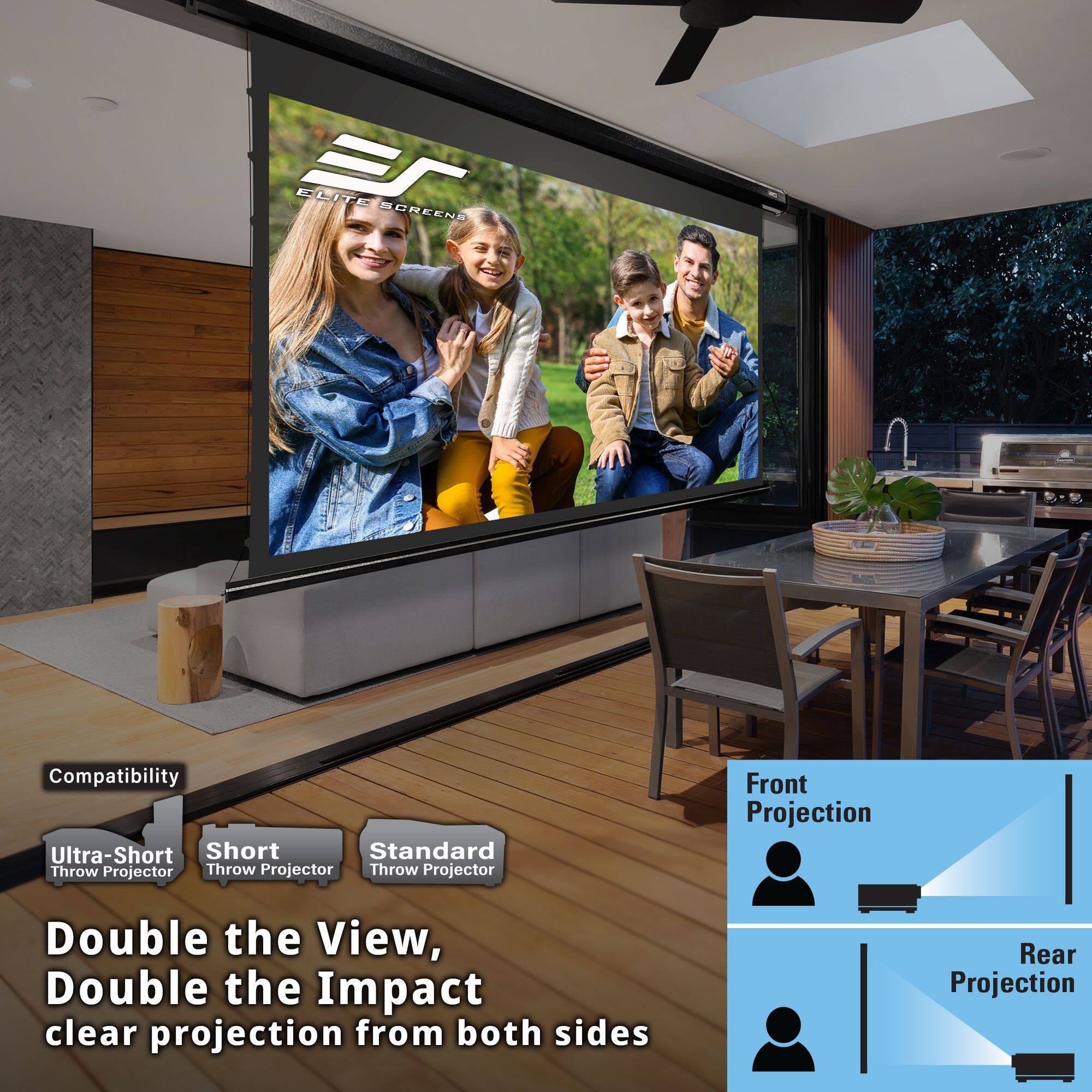 ELITE SCREENS

Compatibility
- Ultra-Short Throw Projector
- Short Throw Projector
- Standard Throw Projector

Double the View, Double the Impact
clear projection from both sides

Front Projection

Rear Projection