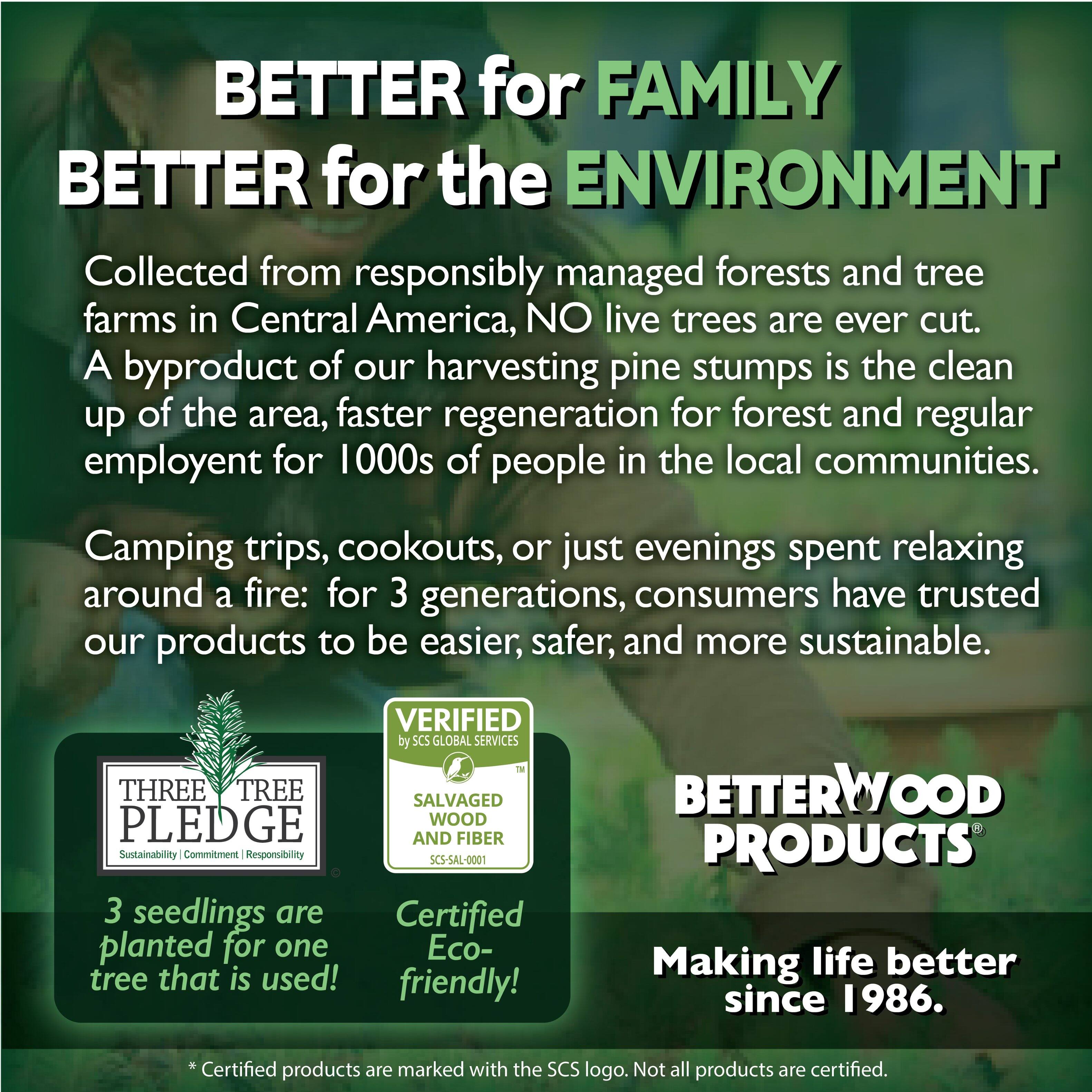 BETTER for FAMILY  
BETTER for the ENVIRONMENT  

Collected from responsibly managed forests and tree farms in Central America, NO live trees are ever cut. A byproduct of our harvesting pine stumps is the clean up of the area, faster regeneration for forest and regular employment for 1000s of people in the local communities. Camping trips, cookouts, or just evenings spent relaxing around a fire: for 3 generations, consumers have trusted our products to be easier, safer, and more sustainable.  

VERIFIED by SCS GLOBAL SERVICES  
THREE TREE SALVAGED PLEDGE  
WOOD AND FIBER  
Sustainability Commitment Responsibility  
SCS-SAL-0001  

3 seedlings are planted for one tree that is used!  

Certified Eco-friendly!  

BETTERWOOD PRODUCTS  
Making life better since 1986.  

*Certified products are marked with the SCS logo. Not all products are certified.