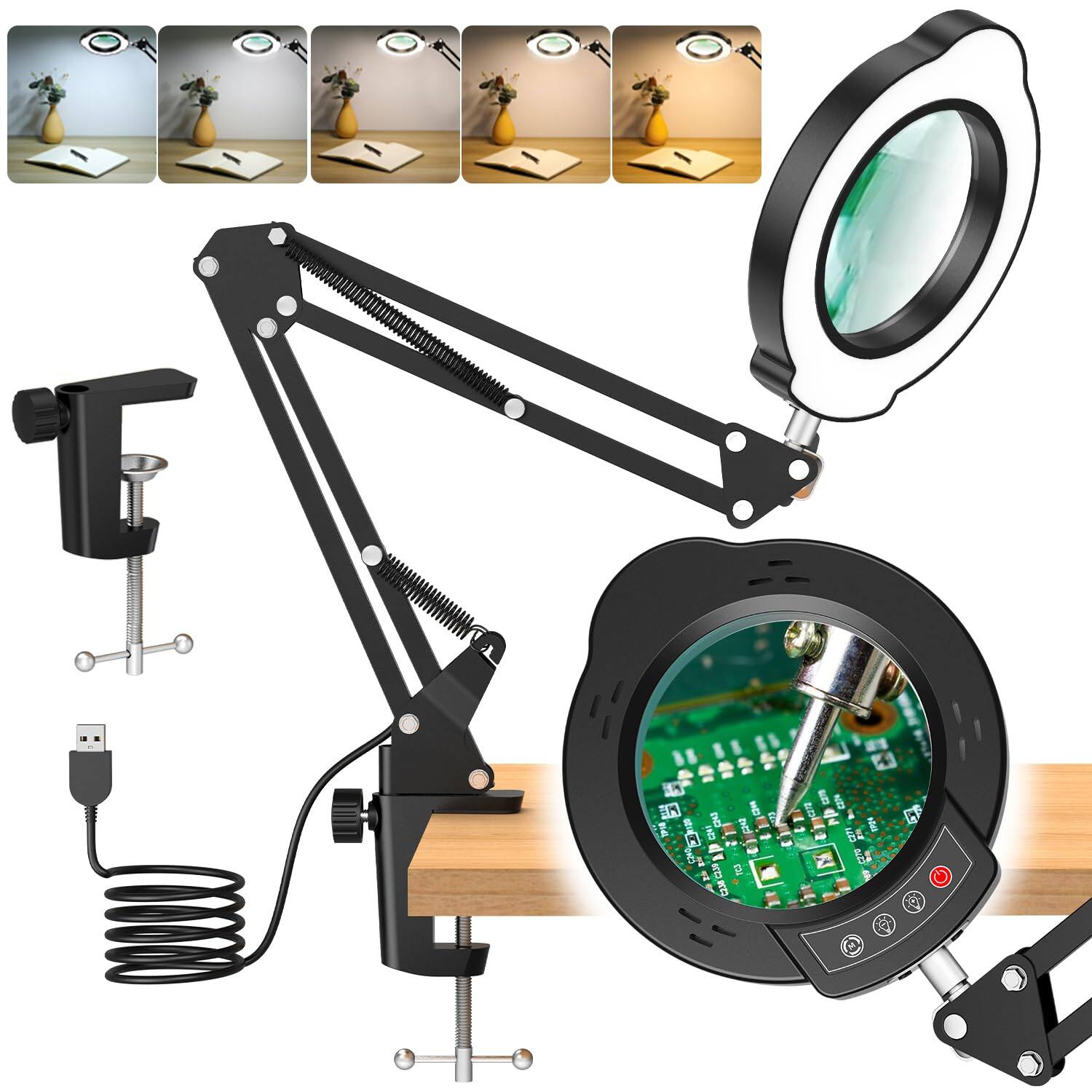 TECH SAFARI Magnifying Glass With Light And Clamp Color Modes Stepped ...