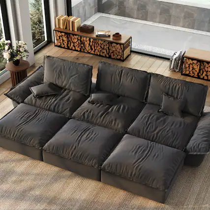 Front. POVISON - Modern Beige Sleeper Sofa with 3 Ottomans - Gray Suede Fabric.