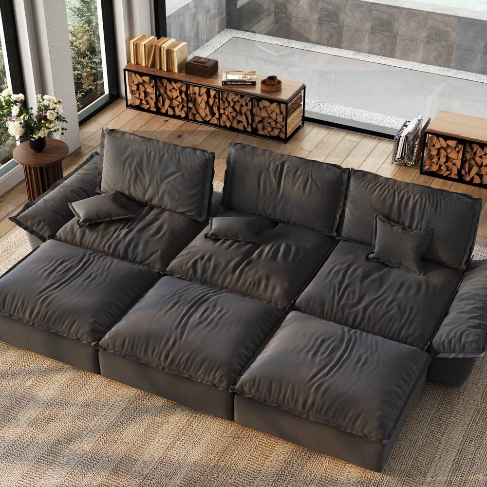 Front. POVISON - Modern Beige Sleeper Sofa with 3 Ottomans - Gray Suede Fabric.