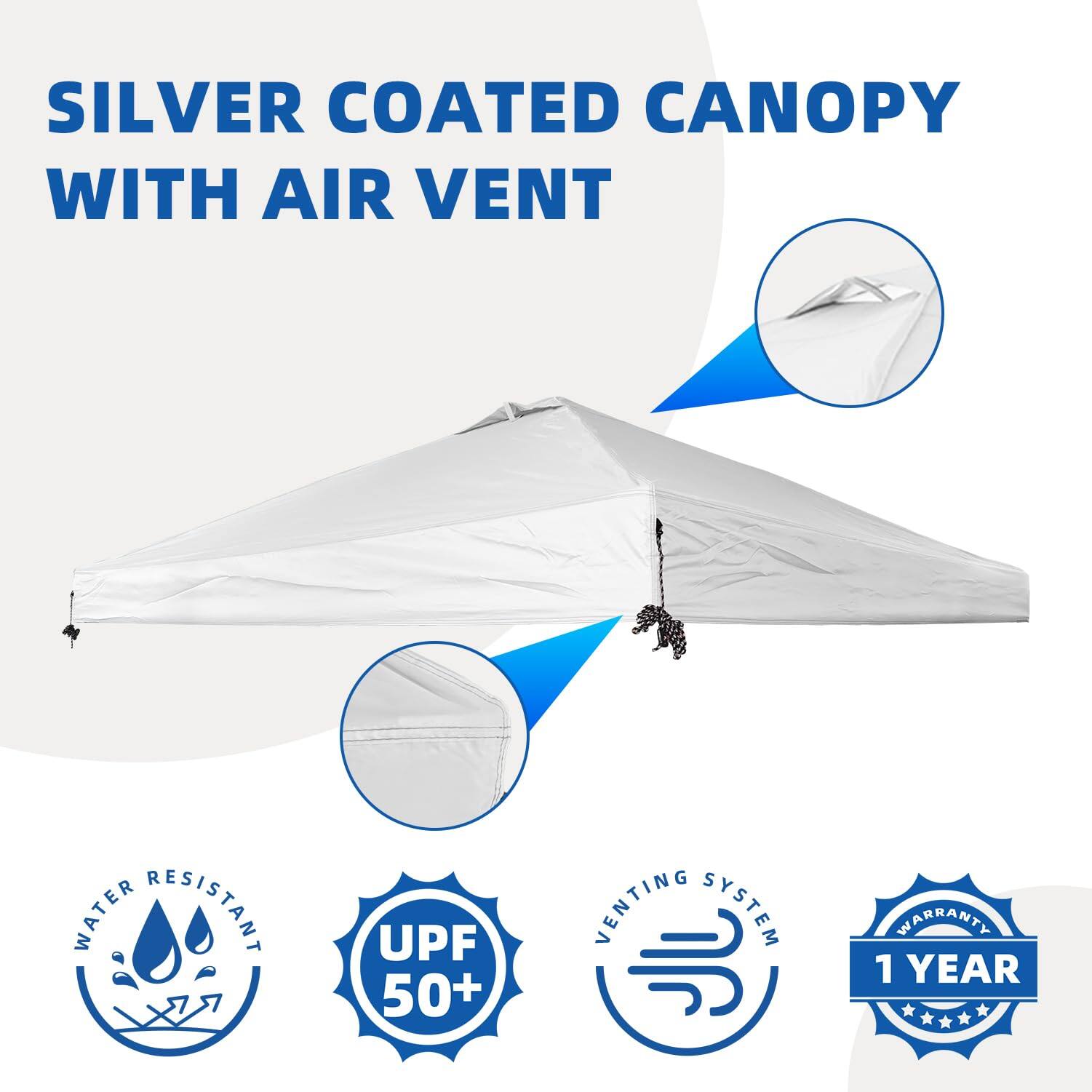 SILVER COATED CANOPY WITH AIR VENT

- WATER RESISTANT
- UPF 50+
- VENTING SYSTEM
- WARRANTY 1 YEAR