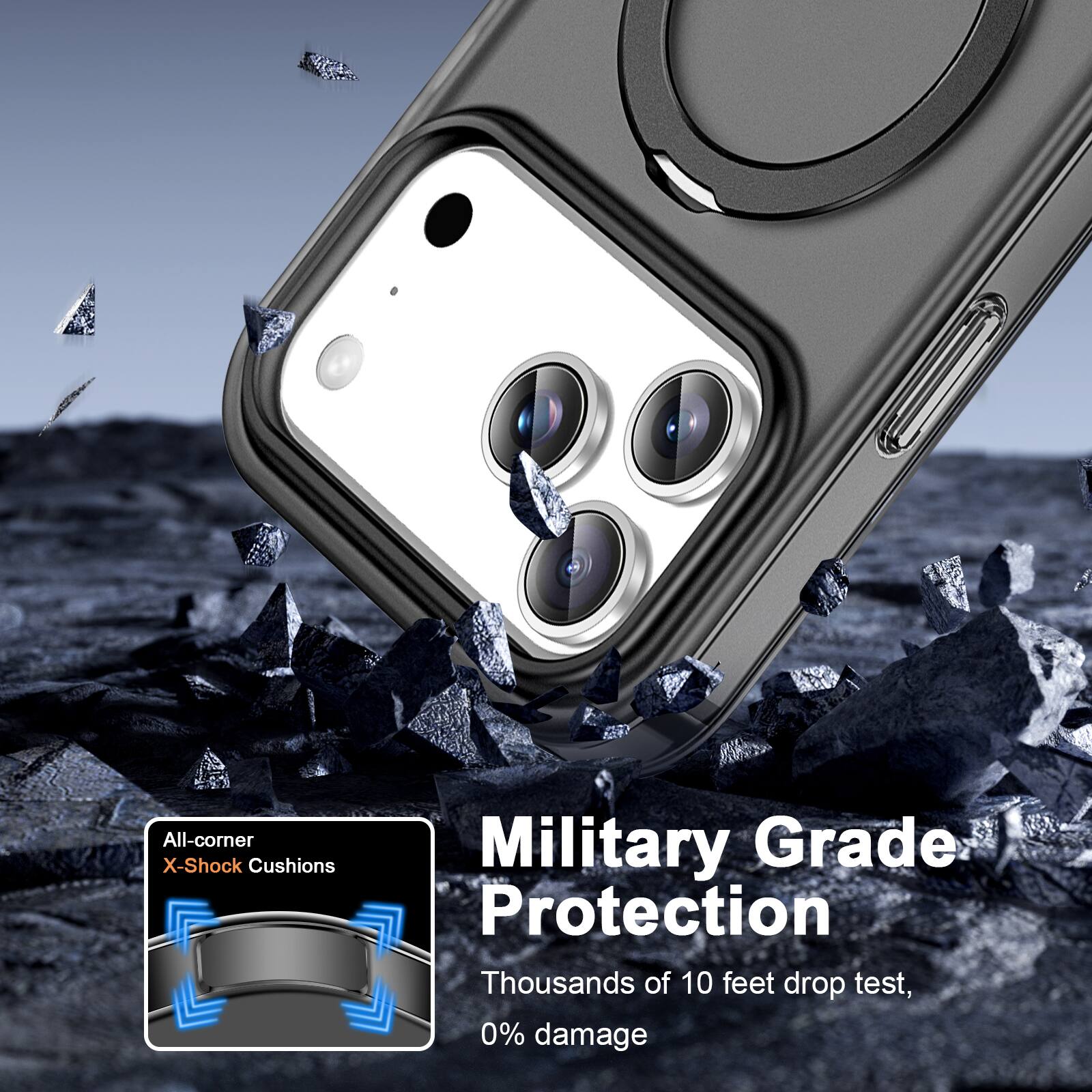 All-corner X-Shock Cushions  
Military Grade Protection  
Thousands of 10 feet drop test, 0% damage