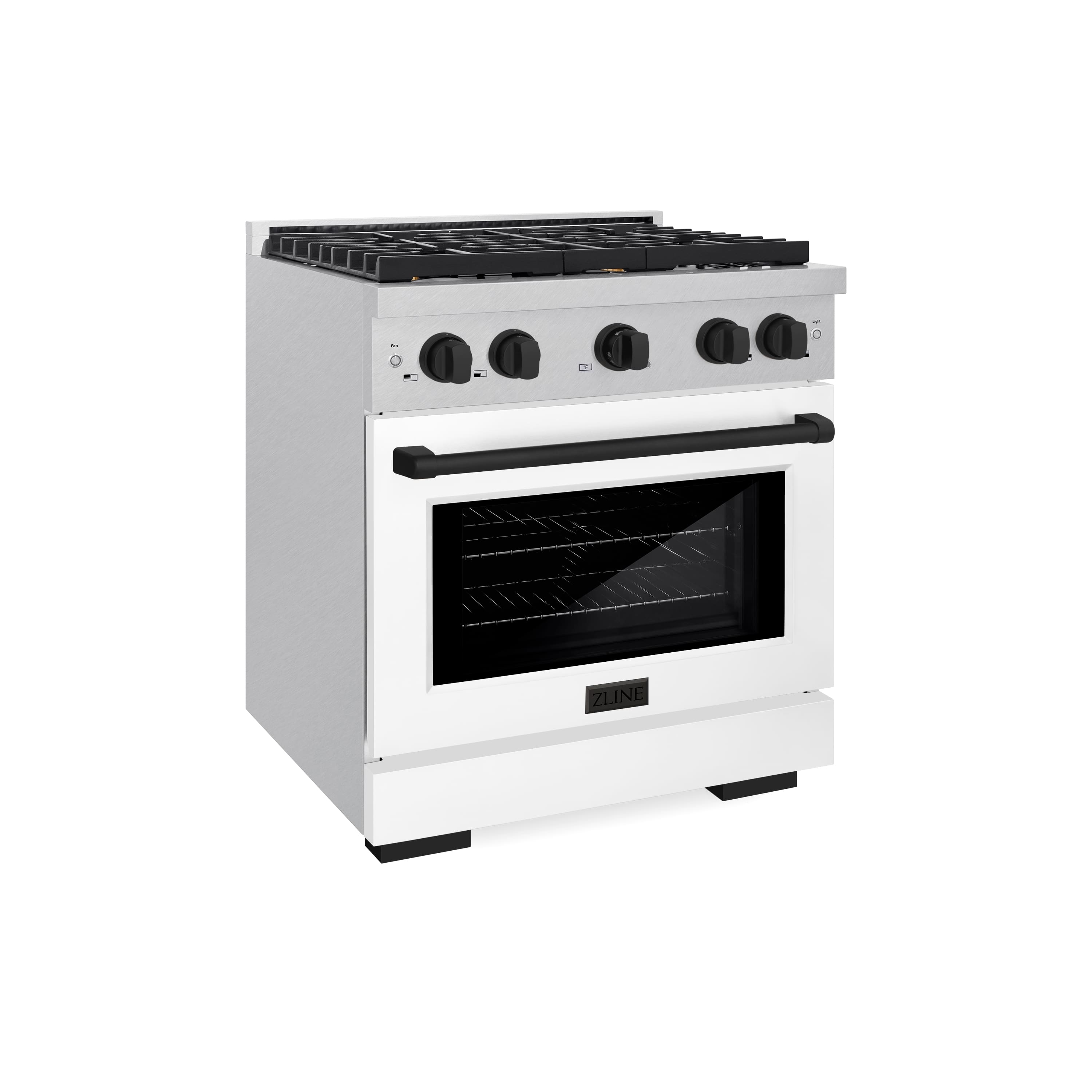 Left. ZLINE - ZLINE Autograph 30 in. Paramount Satin Steel Gas Range with Black Accents (SGRSZ-WM-30-MB) - White Matte.