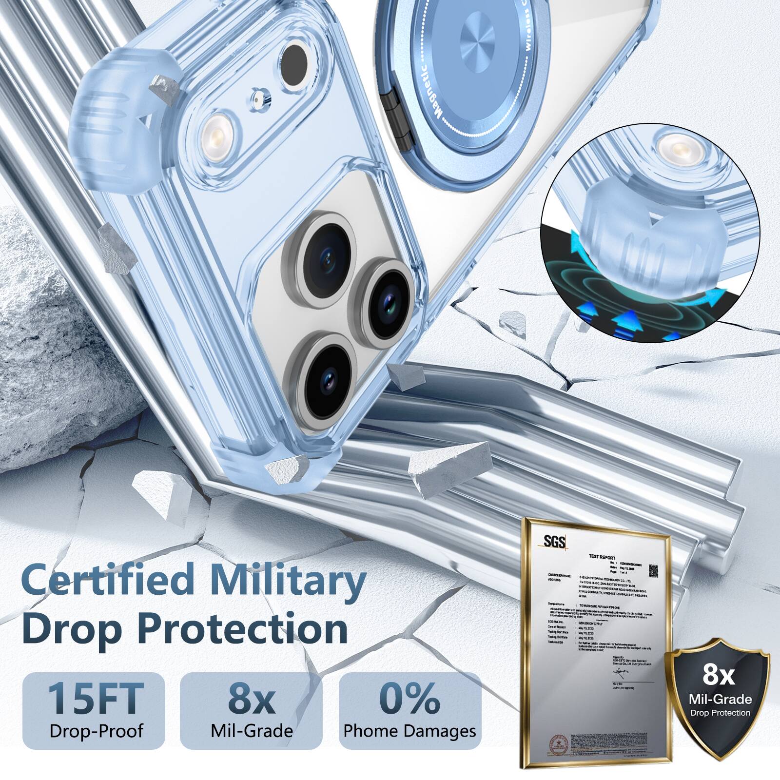 Magnetic Wireless Certified Military Drop Protection 15FT 8x 0% Drop-Proof Mil-Grade Phone Damages SGS FeeT - 8x Mil-Grade Drop Protection
