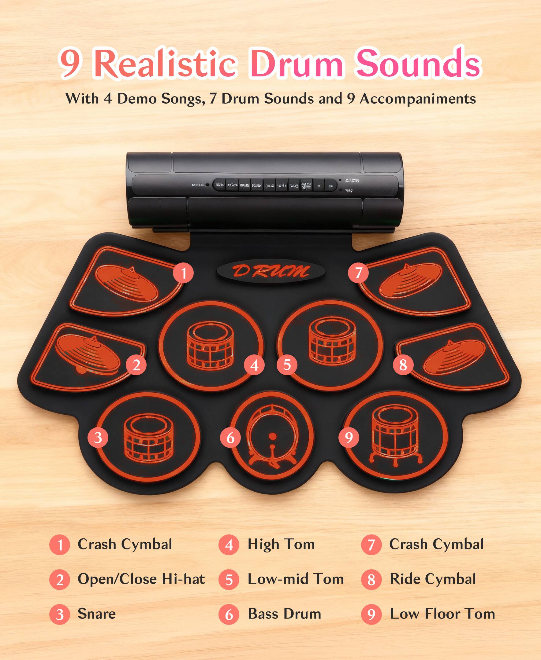 Alt View 4. Sugift - Kids Roll-Up Electronic Drum Set with Speakers, Headphone Jack & Foot Pedals - Green - Red.