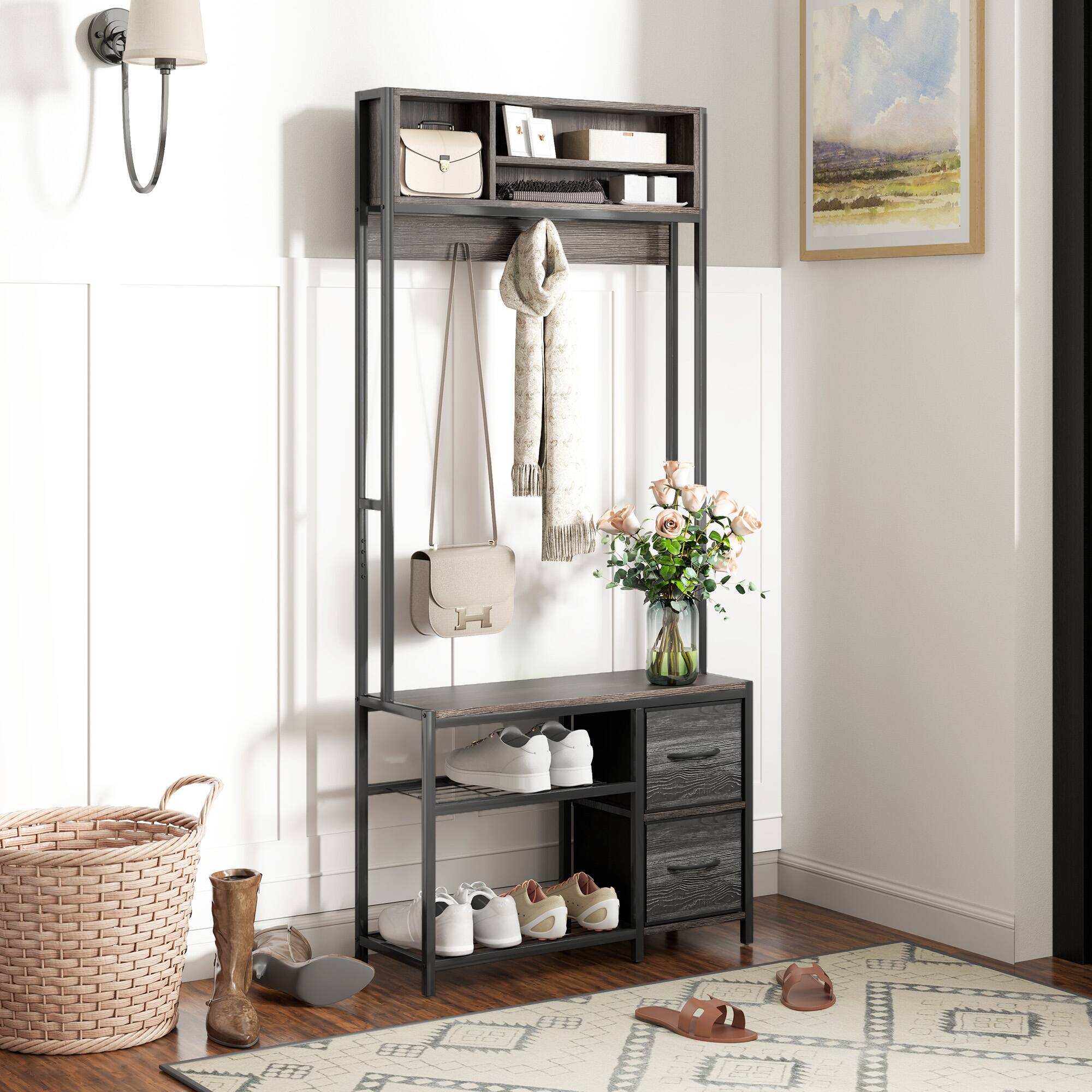 Alt View 1. Homcom - Hall Tree with Bench and Shoe Storage, 5-in-1 Entryway Bench with Coat Rack, 3 Storage Compartments, 5 Coat Hooks - Gray.