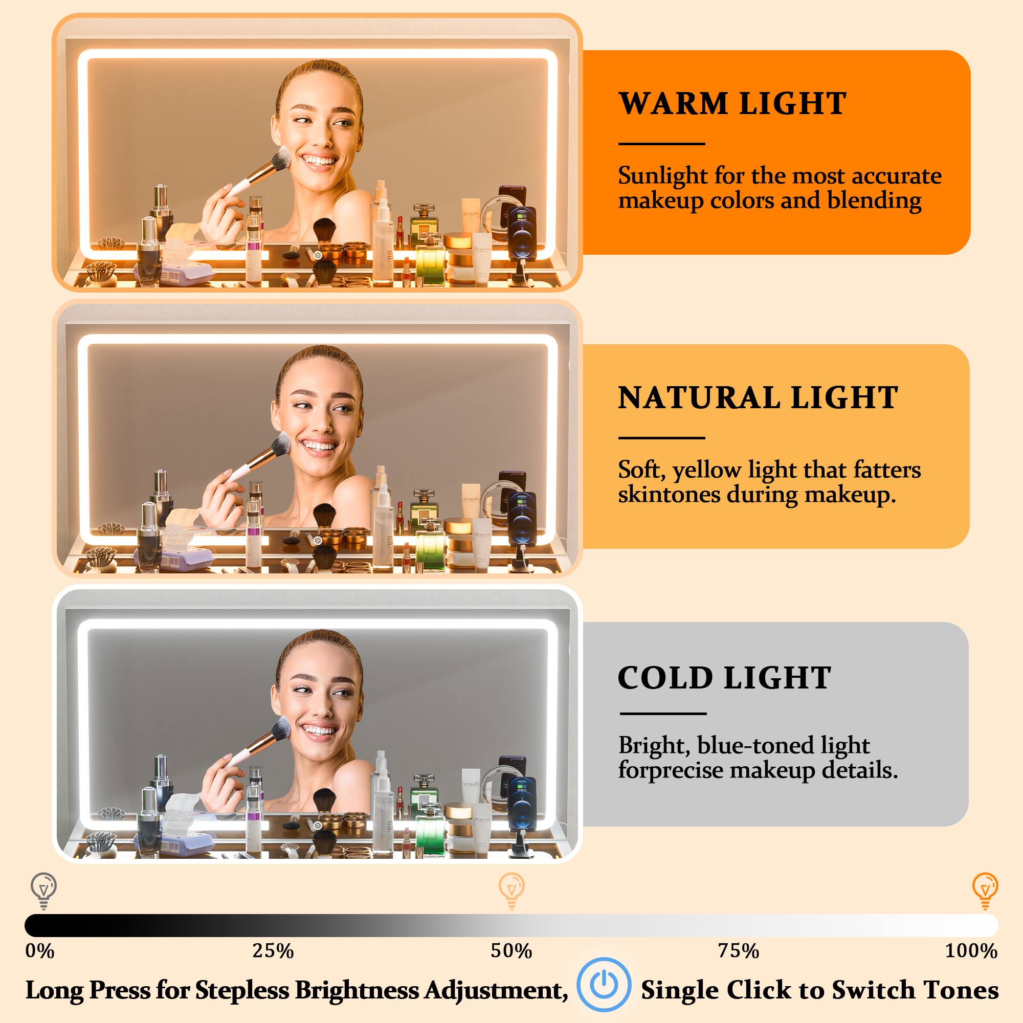 **WARM LIGHT**  
Sunlight for the most accurate makeup colors and blending

**NATURAL LIGHT**  
Soft, yellow light that flatters skintones during makeup

**COLD LIGHT**  
Bright, blue-toned light for precise makeup details

---

0% 25% 50% 75% 100%  
Long Press for Stepless Brightness Adjustment, Single Click to Switch Tones