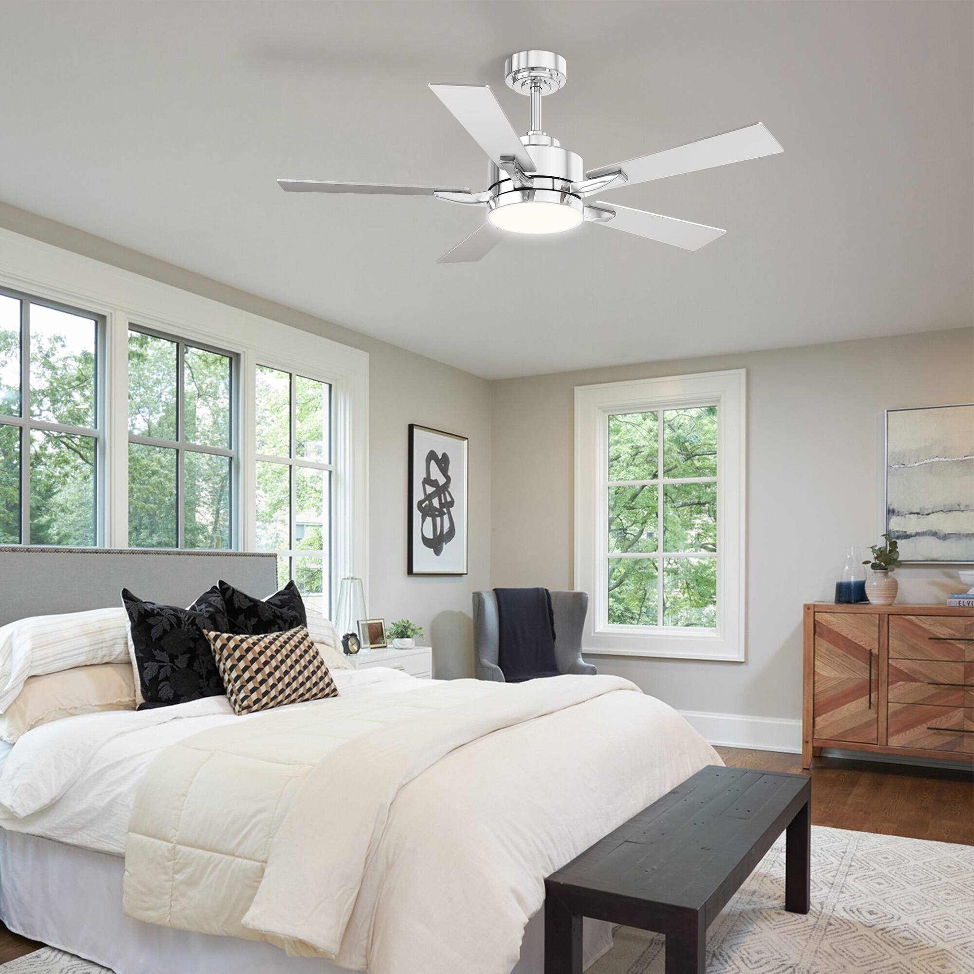 Angle. Siljoy - 52" Modern Low Profile Ceiling Fan with Light and APP/Remote, DC Reversible Motor, Dimmable LED for Bedroom/Living Room - Chrome.