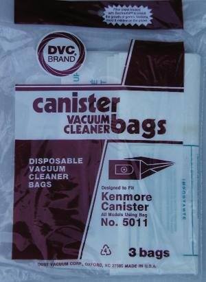 DVC BRAND canister VACUUM CLEANER bags DISPOSABLE VACUUM CLEANER BAGS Designed to Fit Kenmore Canister All Models Using Bag No. 5011 3 bags DURT VACUUM CORP OXFORD, NC 27580 MADE IN U.S.A.