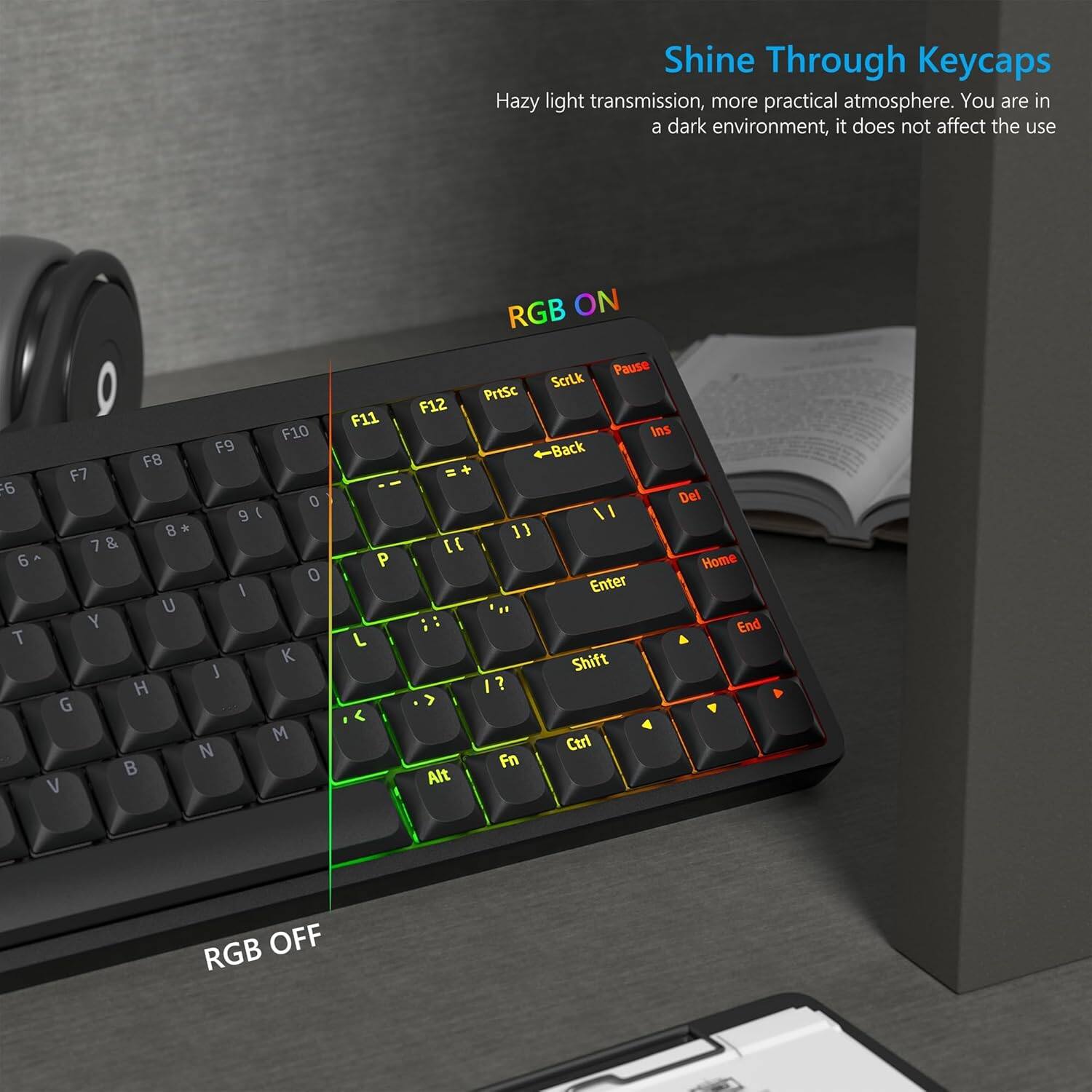 Shine Through Keycaps  
Hazy light transmission, more practical atmosphere. You are in a dark environment, it does not affect the use

RGB ON  
RGB OFF