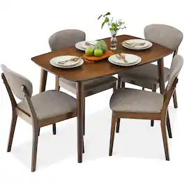 Best Choice Products - 5-Piece Wooden Mid-Century Modern Dining Set w/ 4 Chairs, Padded Seat & Back - Walnut/Light Gray