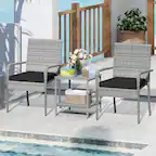 Front. Gymax - Gymax 3 Pieces Patio Furniture Set PE Rattan Porch Chairs w/ 2-Tier Table Black - Black.