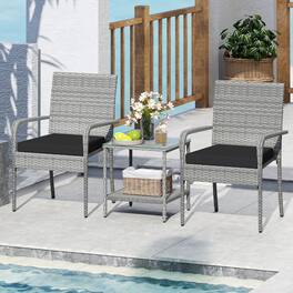 Gymax - 3 Pieces Patio Furniture Set PE Rattan Porch Chairs w/ 2-Tier Table - Black
