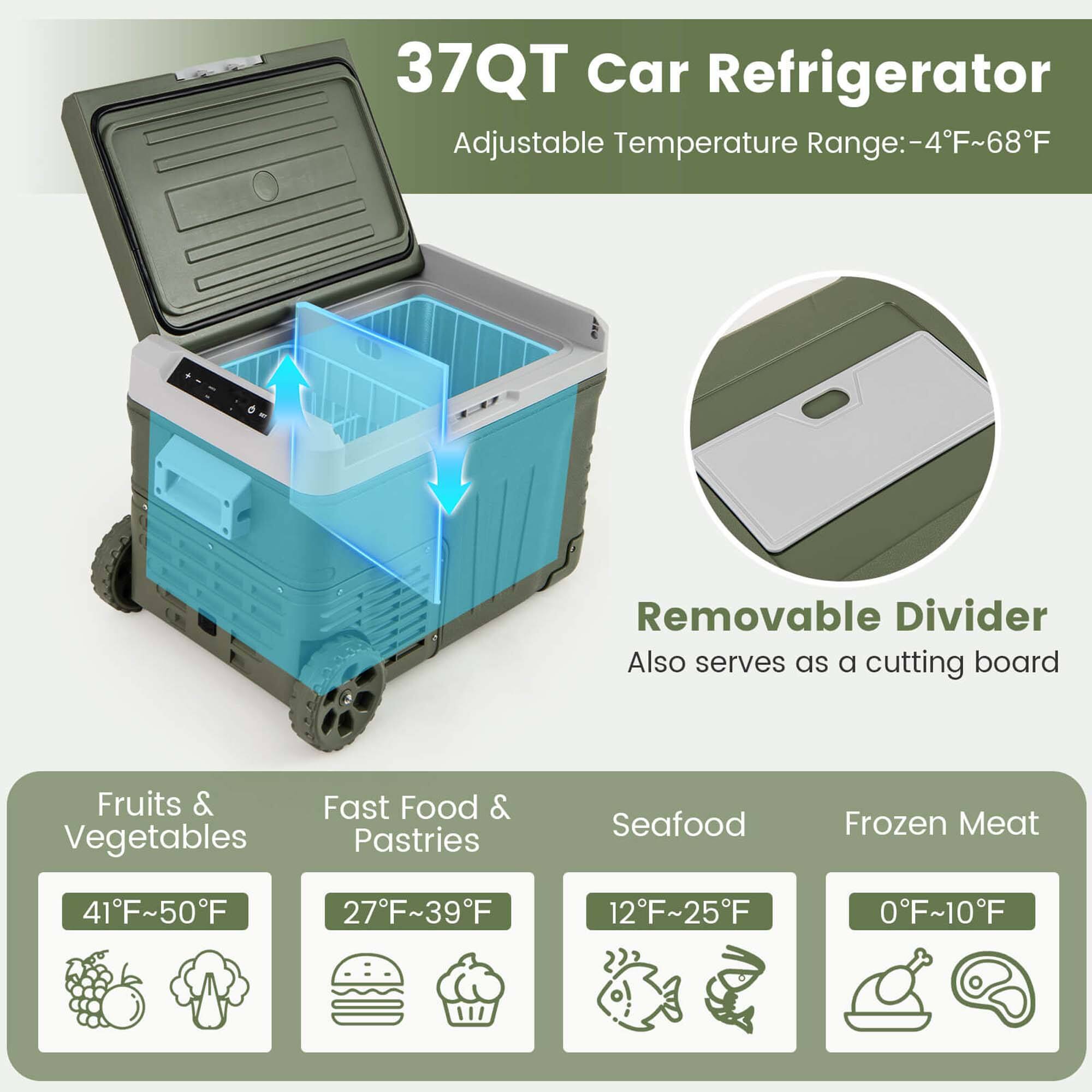 37QT Car Refrigerator  
Adjustable Temperature Range: -4°F~68°F  

Removable Divider  
Also serves as a cutting board  

Fruits & Vegetables  
41°F~50°F  

Fast Food & Pastries  
27°F~39°F  

Seafood  
12°F~25°F  

Frozen Meat  
0°F~10°F