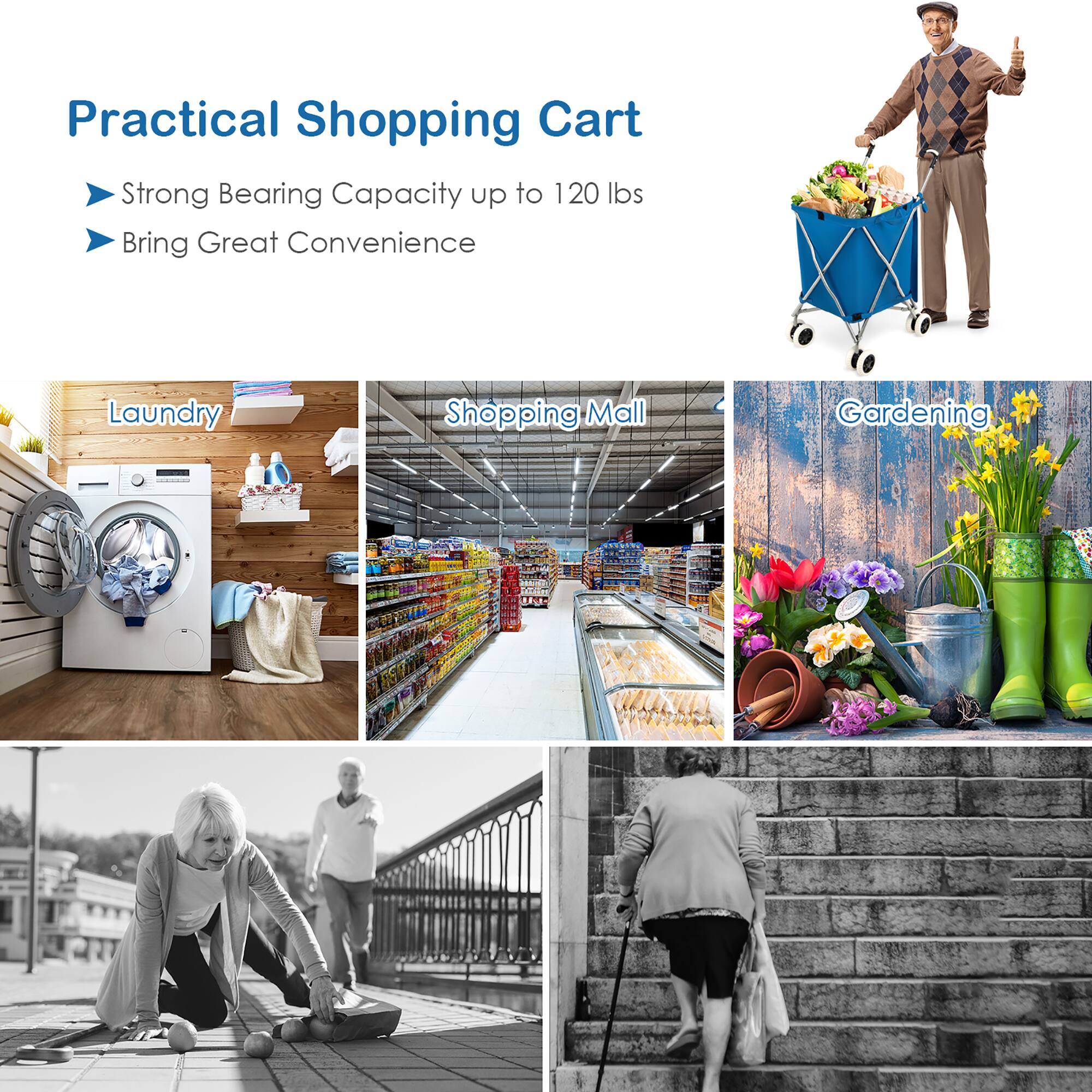 Practical Shopping Cart

- Strong Bearing Capacity up to 120 lbs
- Bring Great Convenience

Laundry  
Shopping Mall  
Gardening