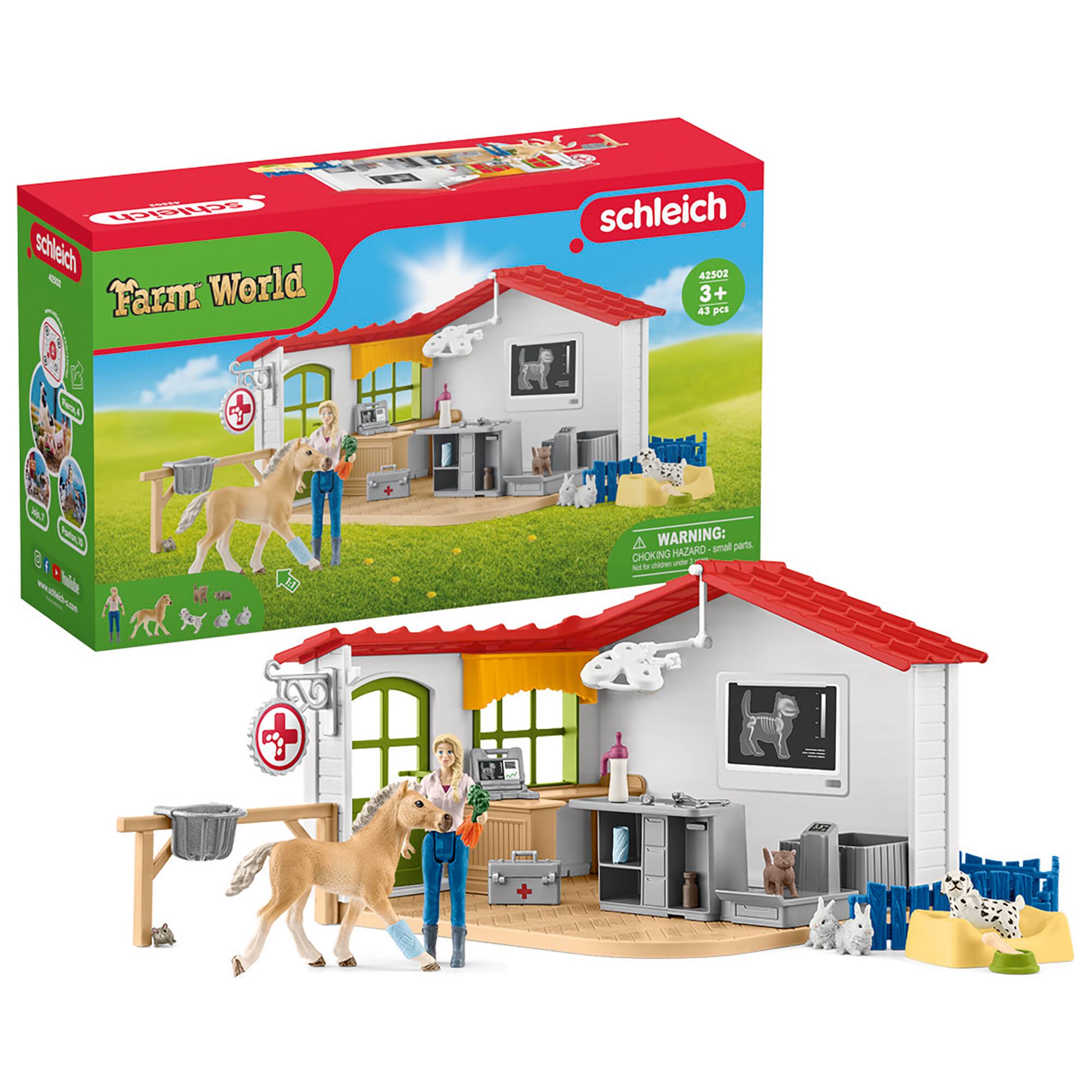 A Schleich Farm World set, which includes a farm house, barn, and various farm animals such as horses, cows, and sheep. The set is designed for children aged 3+ and contains 43 pieces. The box features a warning to avoid choking hazards.