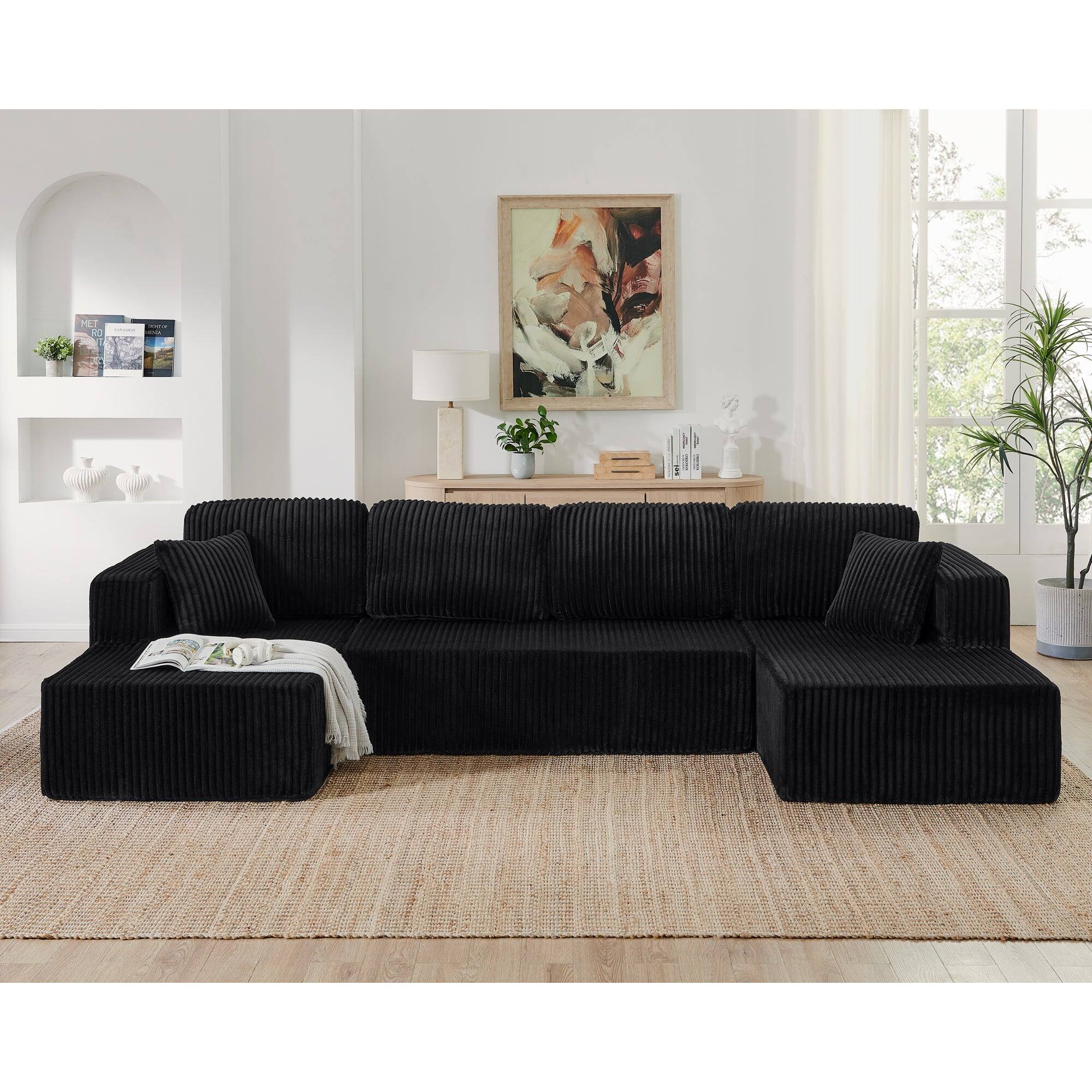 Alt View 2. Boyel Living - U Shape Modular Sectional Sofa Compressed Corduroy Couch Minimalist Sleeper Sofa for Living Room and Bedroom Black - Black.
