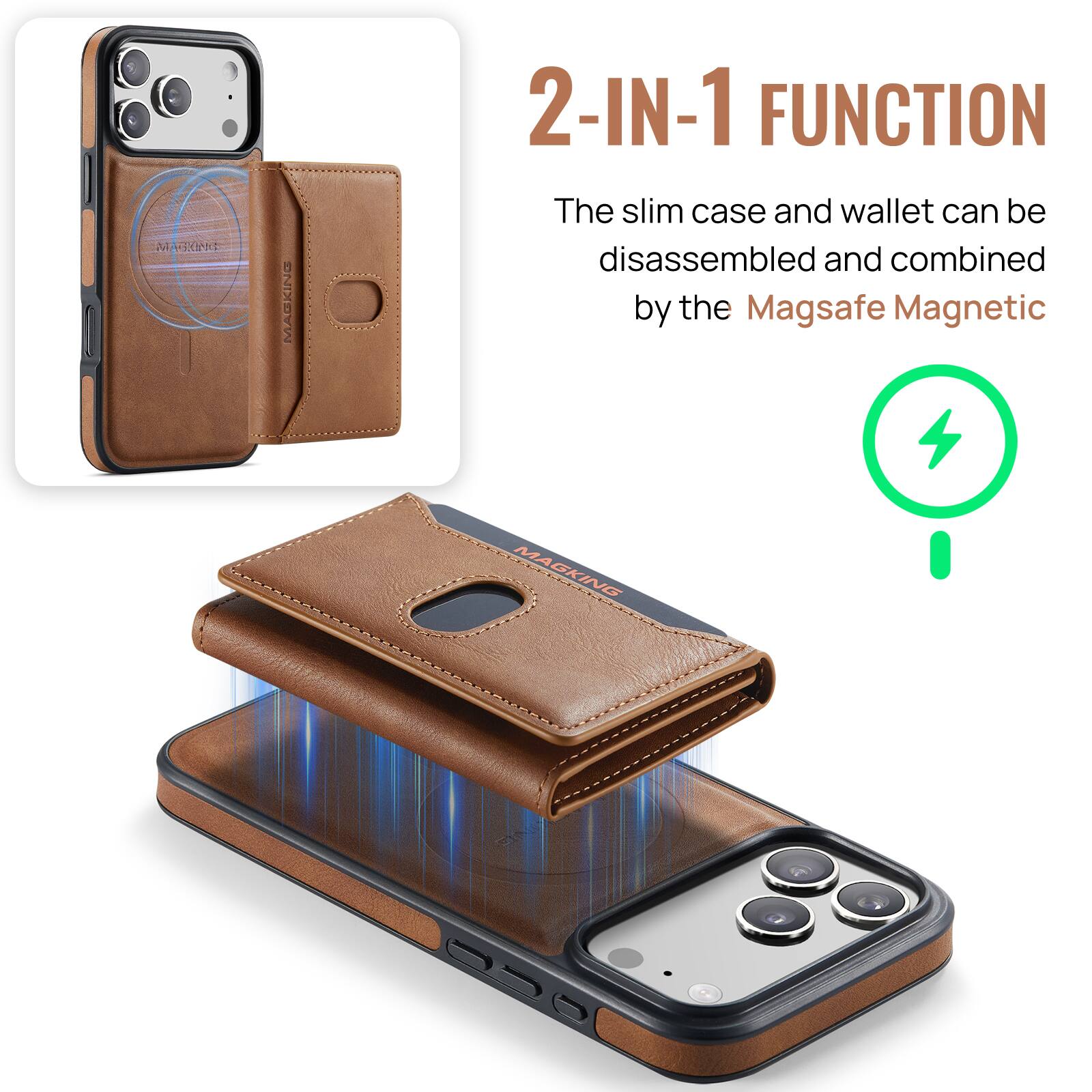 MAKING  
2-IN-1 FUNCTION  
The slim case and wallet can be disassembled and combined by the Magsafe Magnetic