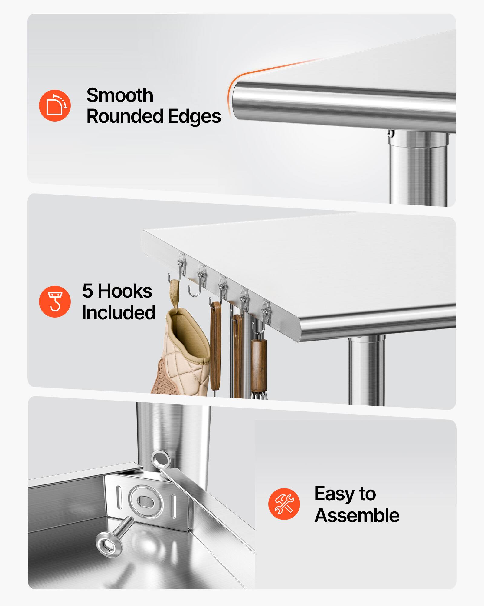 Smooth Rounded Edges  
5 Hooks Included  
Easy to Assemble