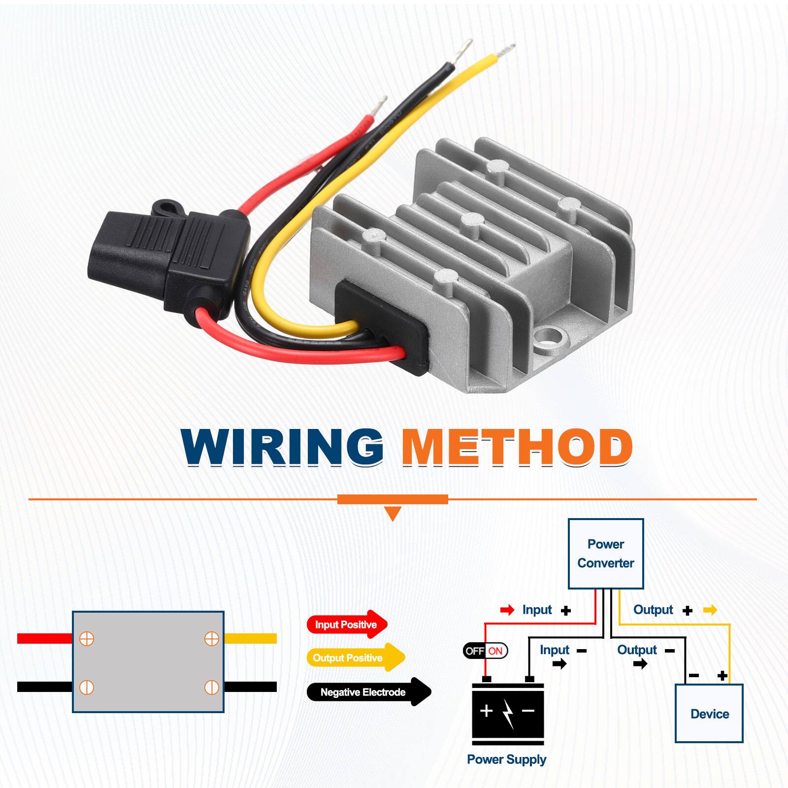WIRING METHOD

Power Converter  
Input Positive  
Output Positive  
Negative Electrode  

Power Supply  
OFF ON  
Input +  
Output +  

Device  
Power Converter  
Input +  
Output +  
Output -  

Input Positive  
Output Positive  
Negative Electrode