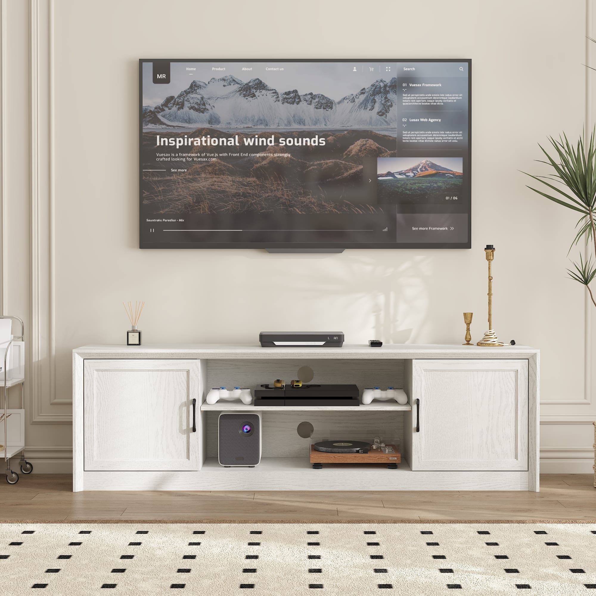 Famapy - Traditional Upto 70" TV Stand with Cable Management Storage Cabinets & Open Shelves – Classic Media Console - White