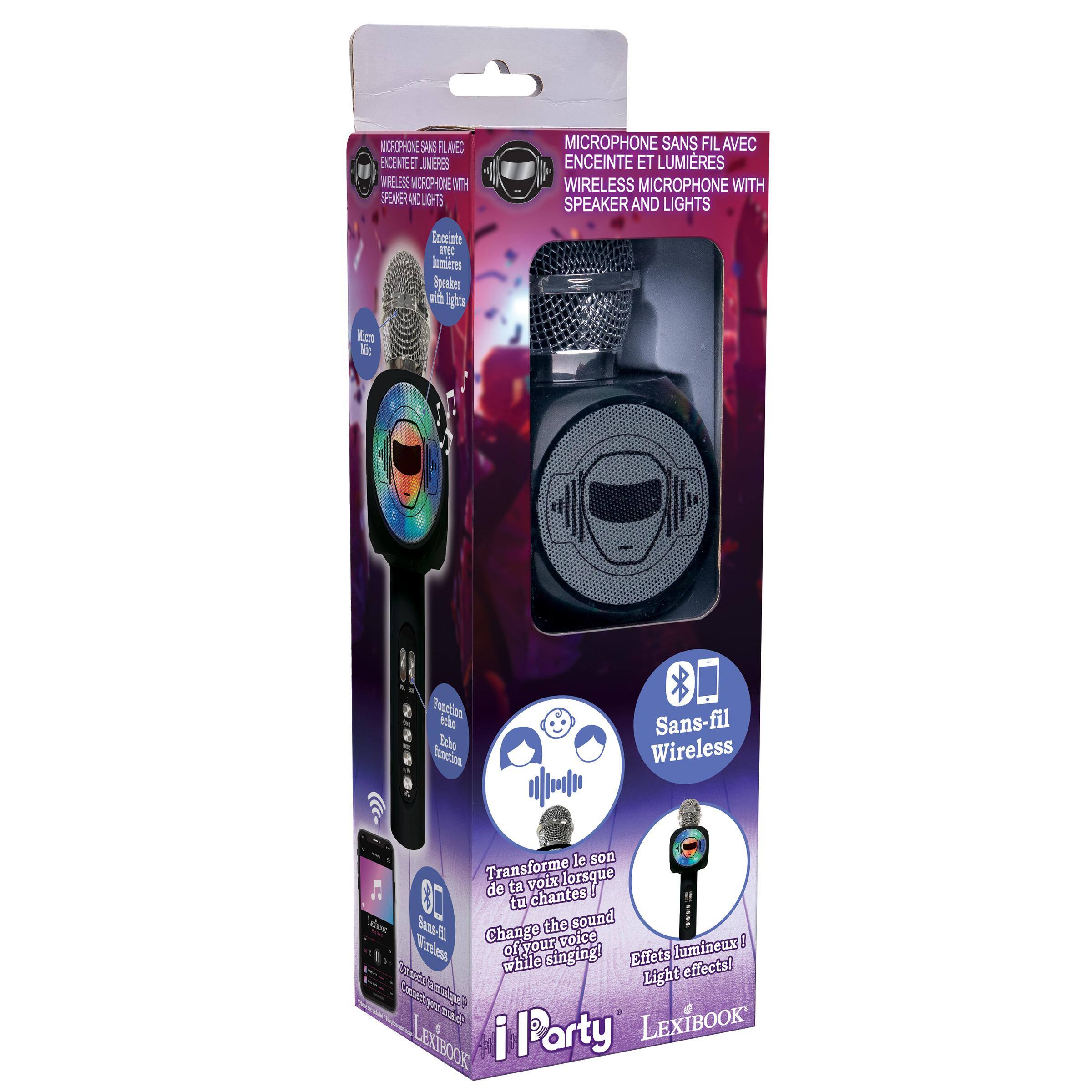 MICROPHONE SANS FIL AVEC ENCEINTE ET LUMIÈRES  
WIRELESS MICROPHONE WITH SPEAKER AND LIGHTS  

Inceinte avec Lumières Speader with lights  

Kero Mit  

Fonction echo Echo  
Sans-fil Wireless  

le son Transforme voix lorsque de ta 20 tu chantes Sans-El the sound Vireless Change of your voice Jumineux 2 while singing! Effets effects!  

Commetos Light D LEXIBOOK iParty i LEXIBOOK