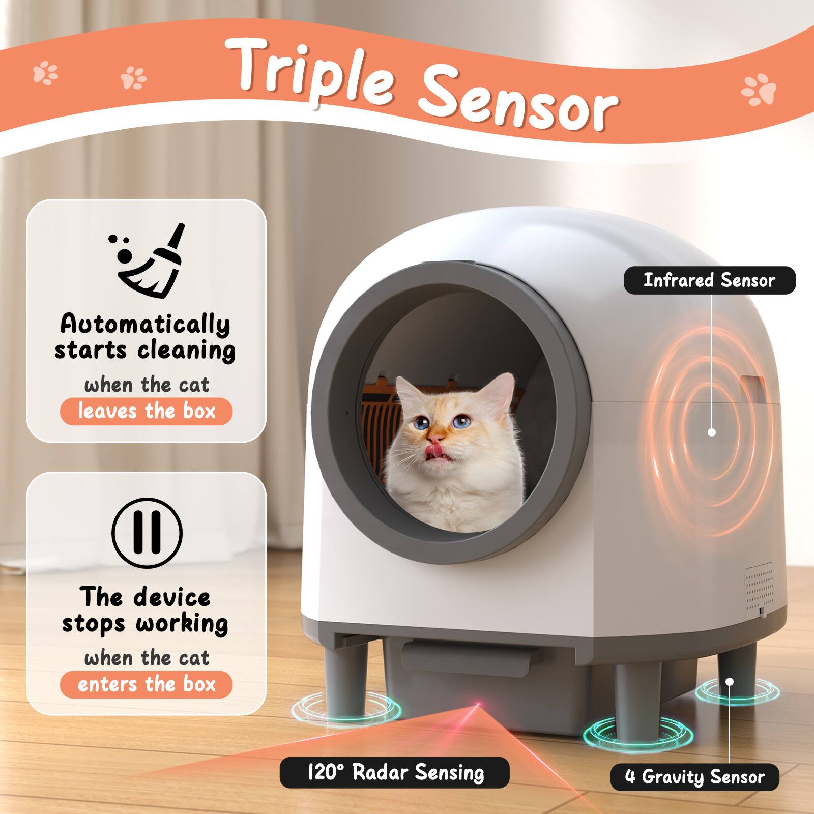 Triple Sensor

- Automatically starts cleaning when the cat leaves the box
- The device stops working when the cat enters the box
- 120° Radar Sensing
- 4 Gravity Sensor
- Infrared Sensor
