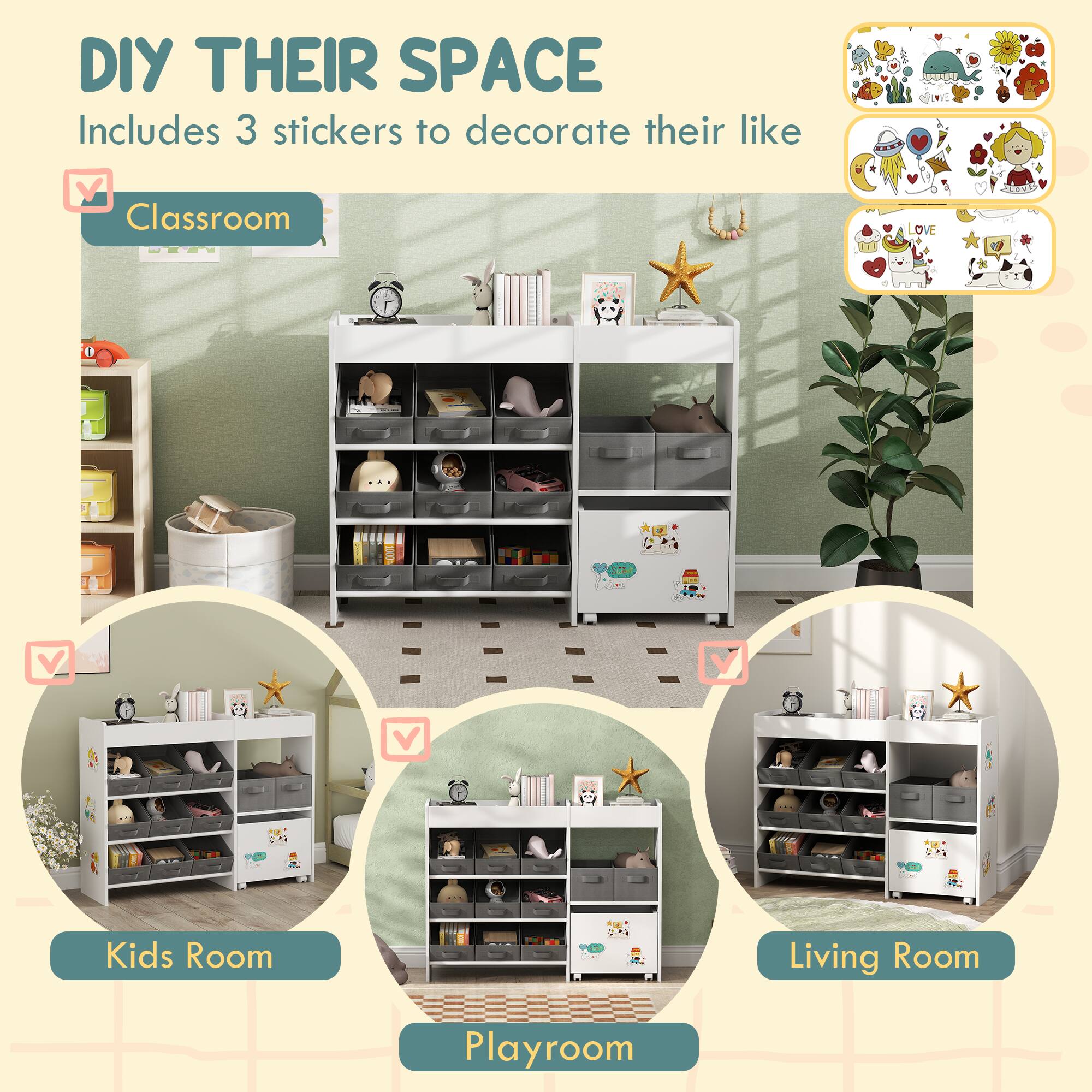 DIY THEIR SPACE  
Includes 3 stickers to decorate their space like

- Classroom
- Kids Room
- Playroom
- Living Room

LOVE